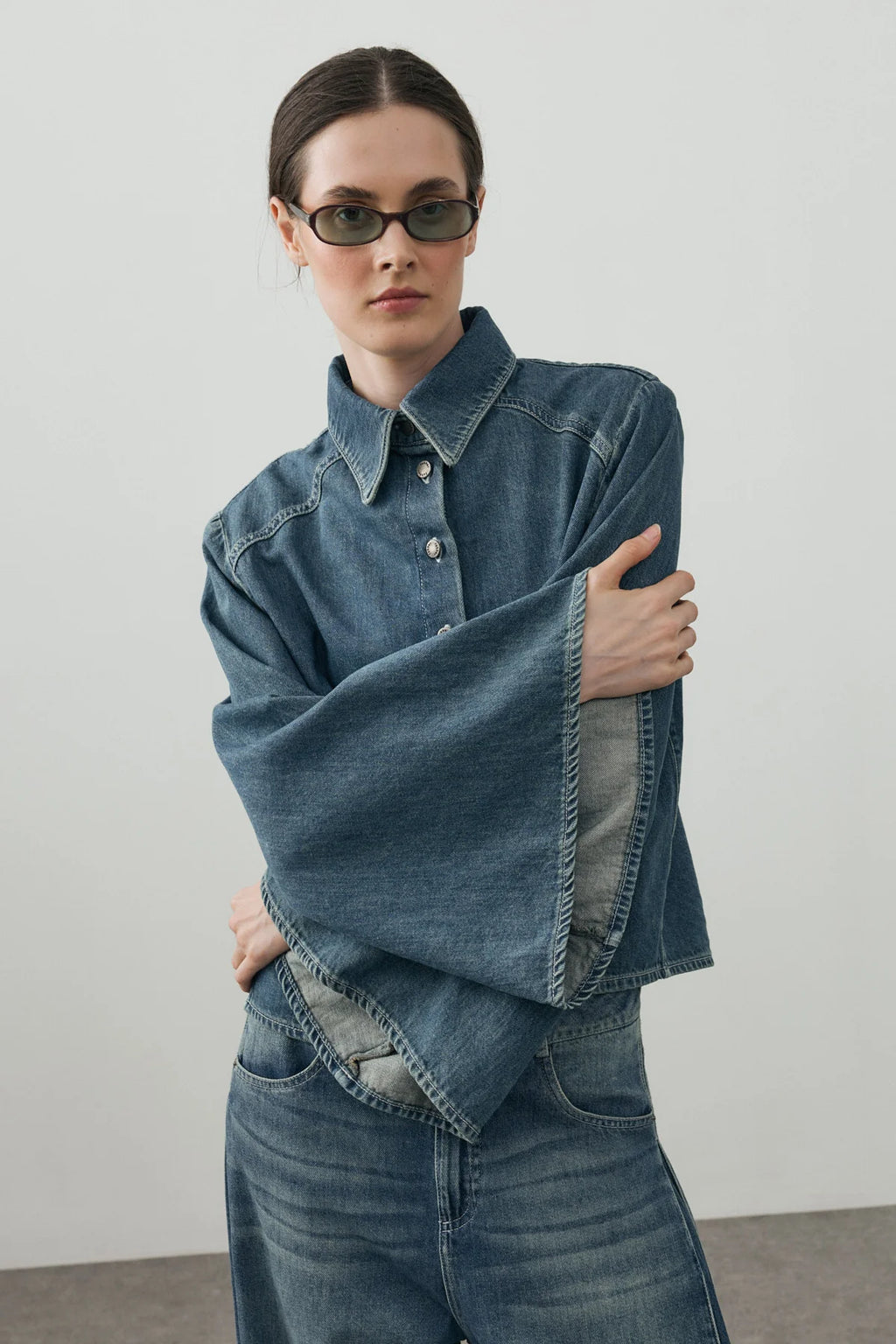 Wide-Sleeve Denim Shirt