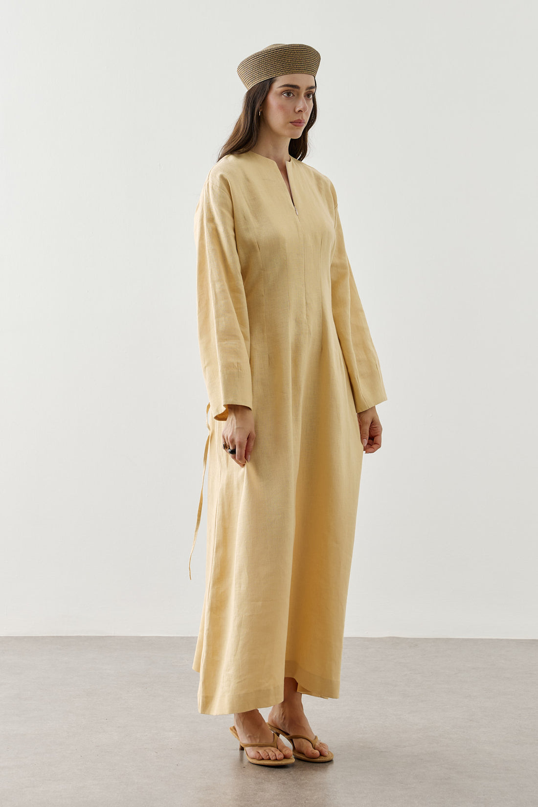 Linen Darted Zip-Up Dress Yellow