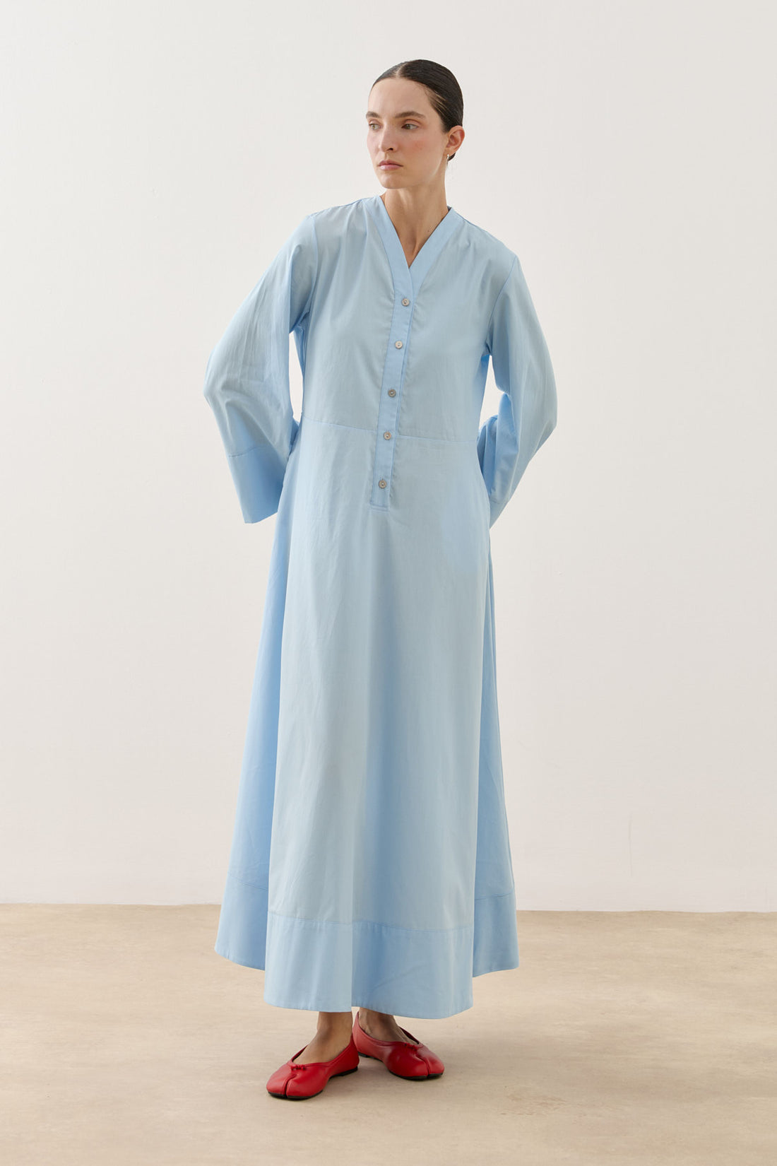 V-Neck Poplin Dress Blue