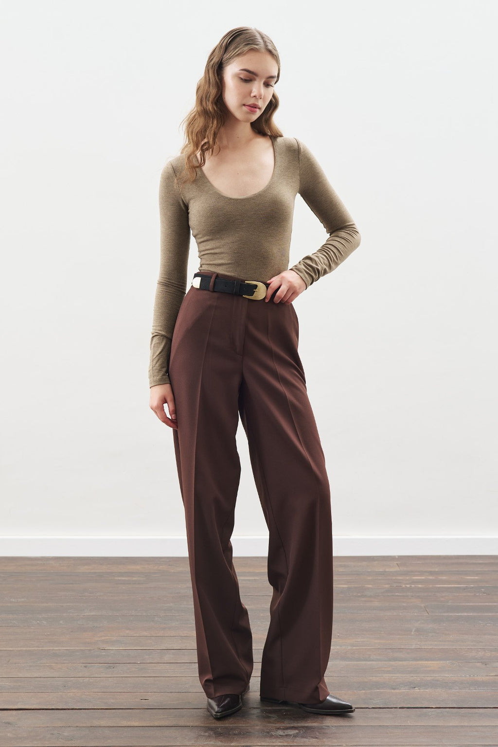 Long-Length Straight-Leg Pants Brown