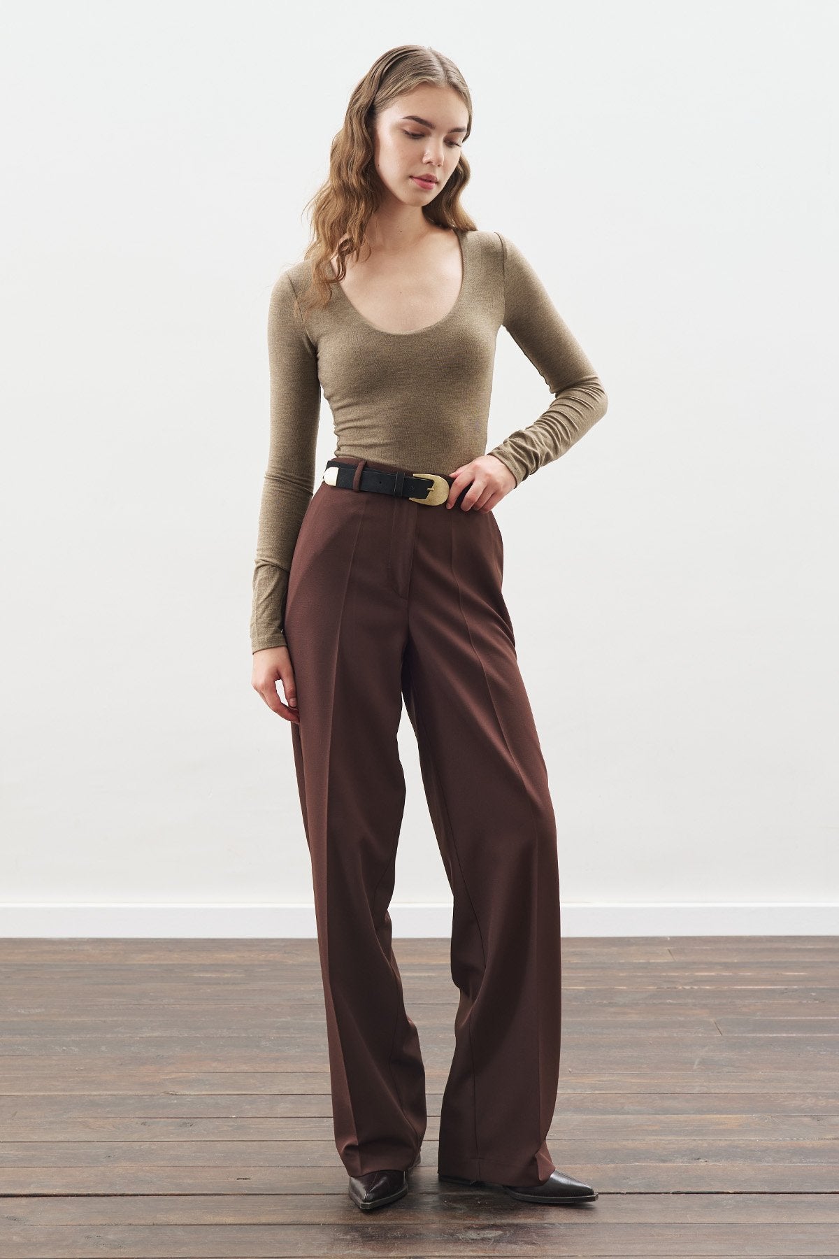 Long-Length Straight-Leg Pants Brown