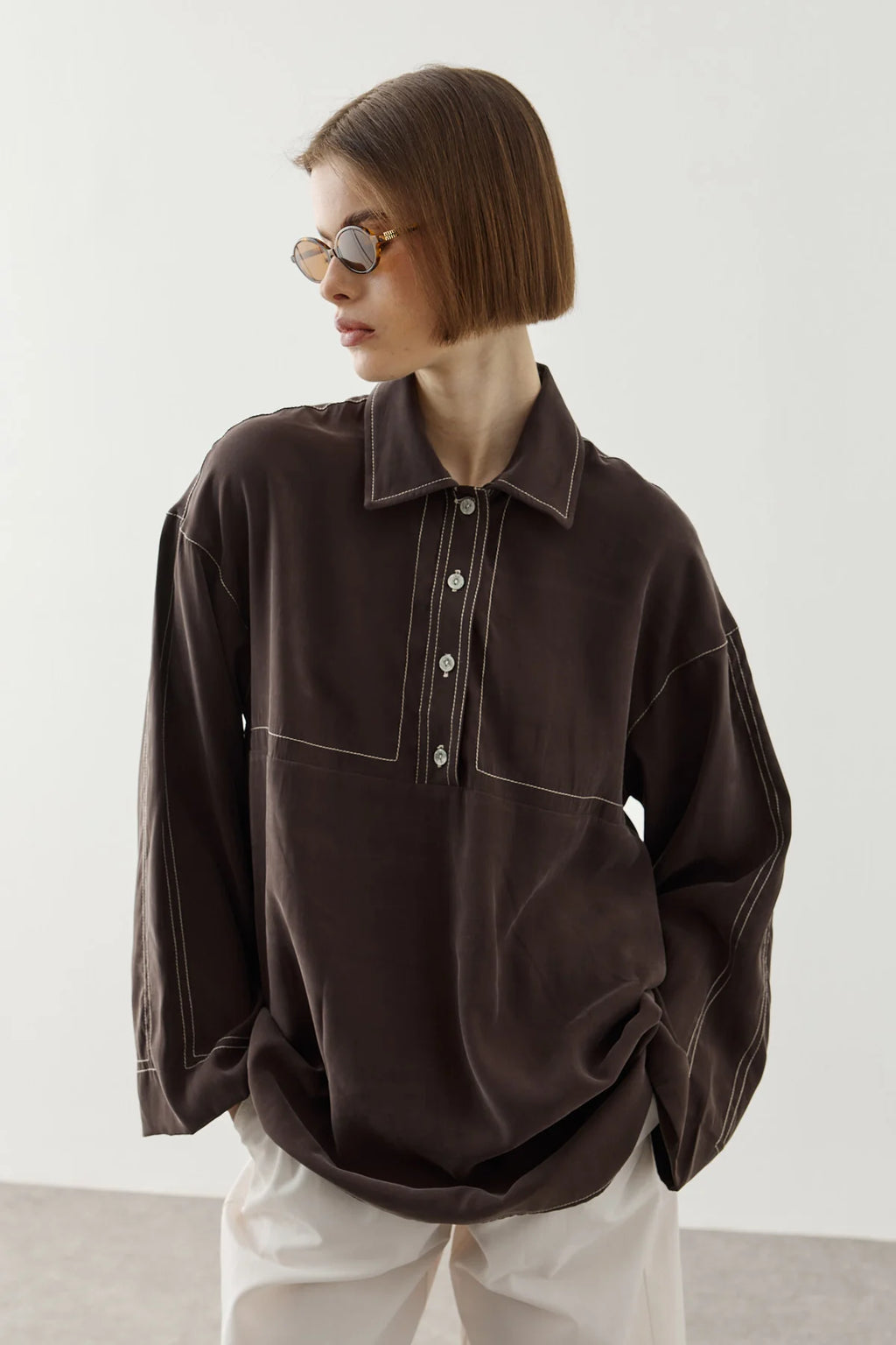 Contrast-Stitch Tencel Shirt Brown
