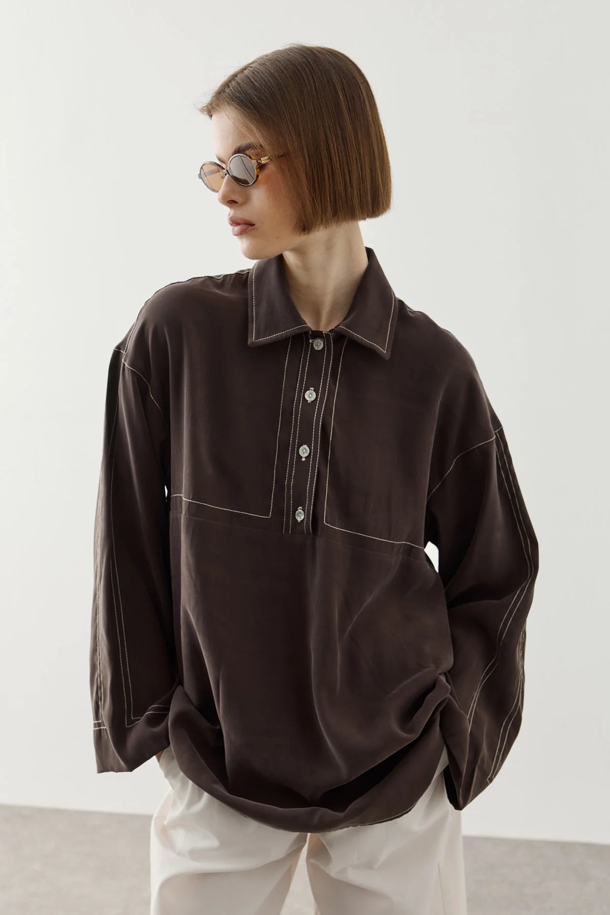 Contrast-Stitch Tencel Shirt Brown