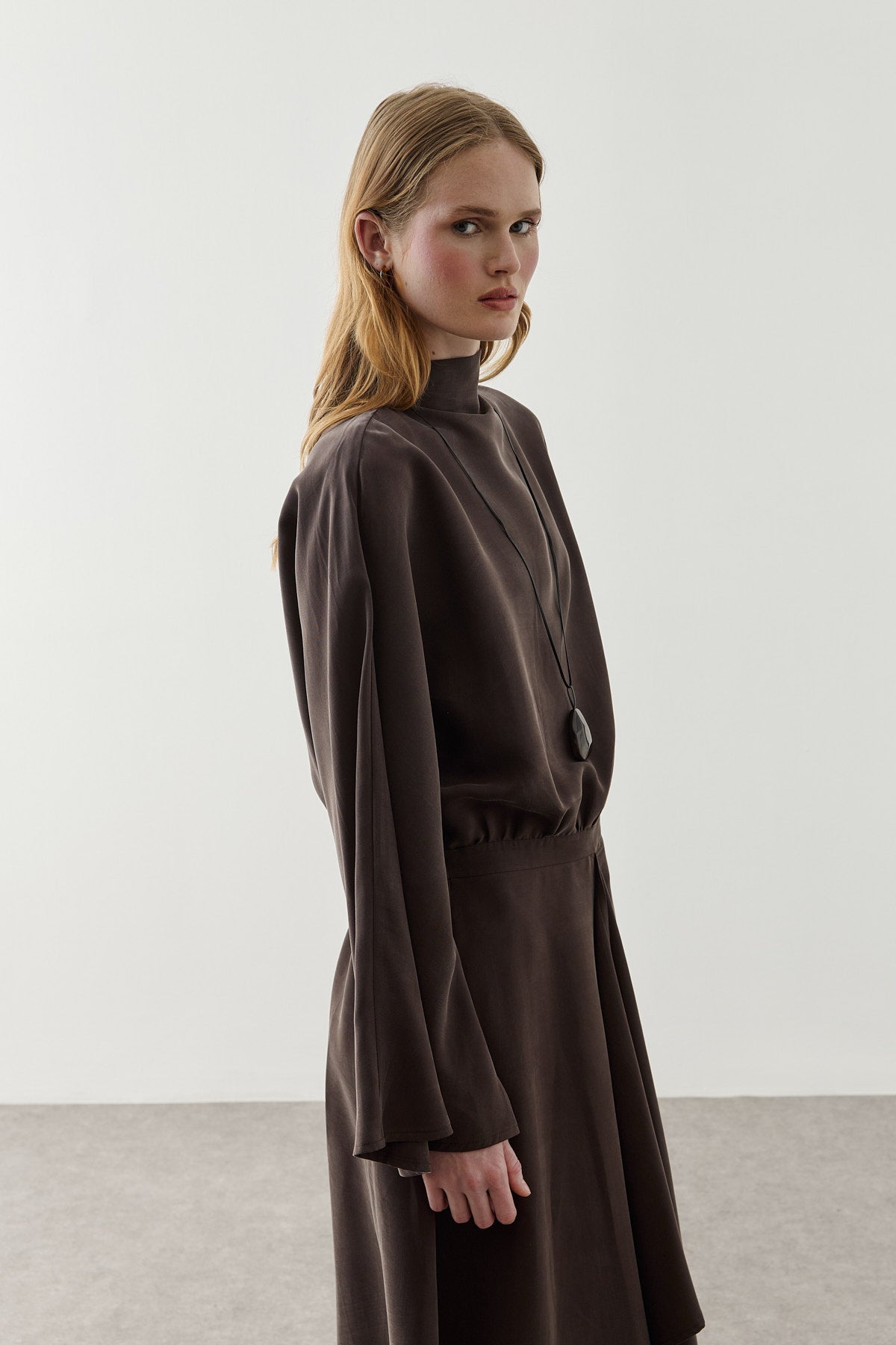 Front Panelled Tencel Dress Brown