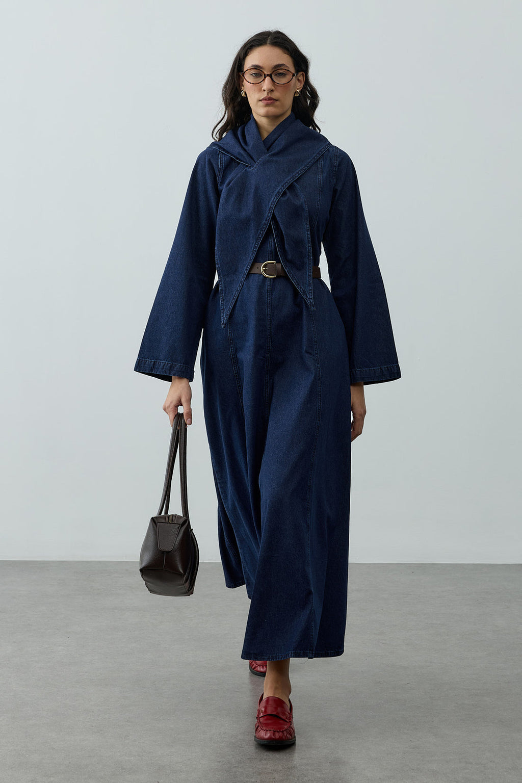 Scarf Detailed Denim Dress Navy Blue