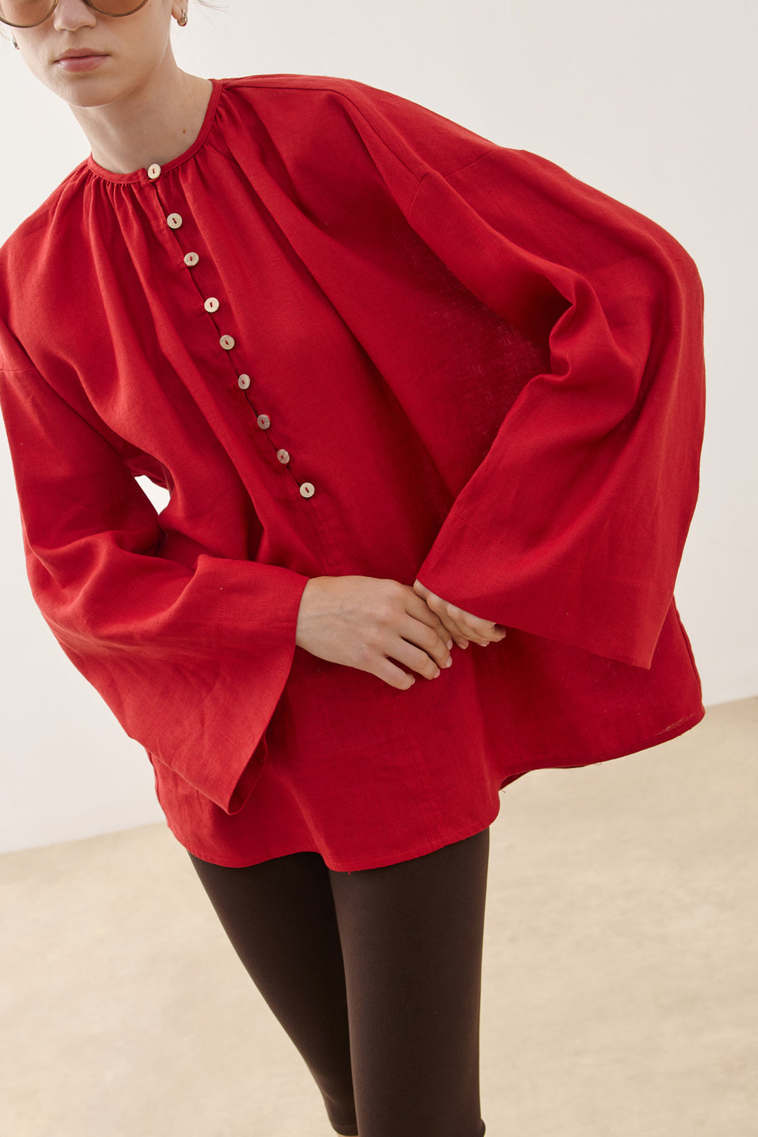 Crew Neck Linen Shirt Red