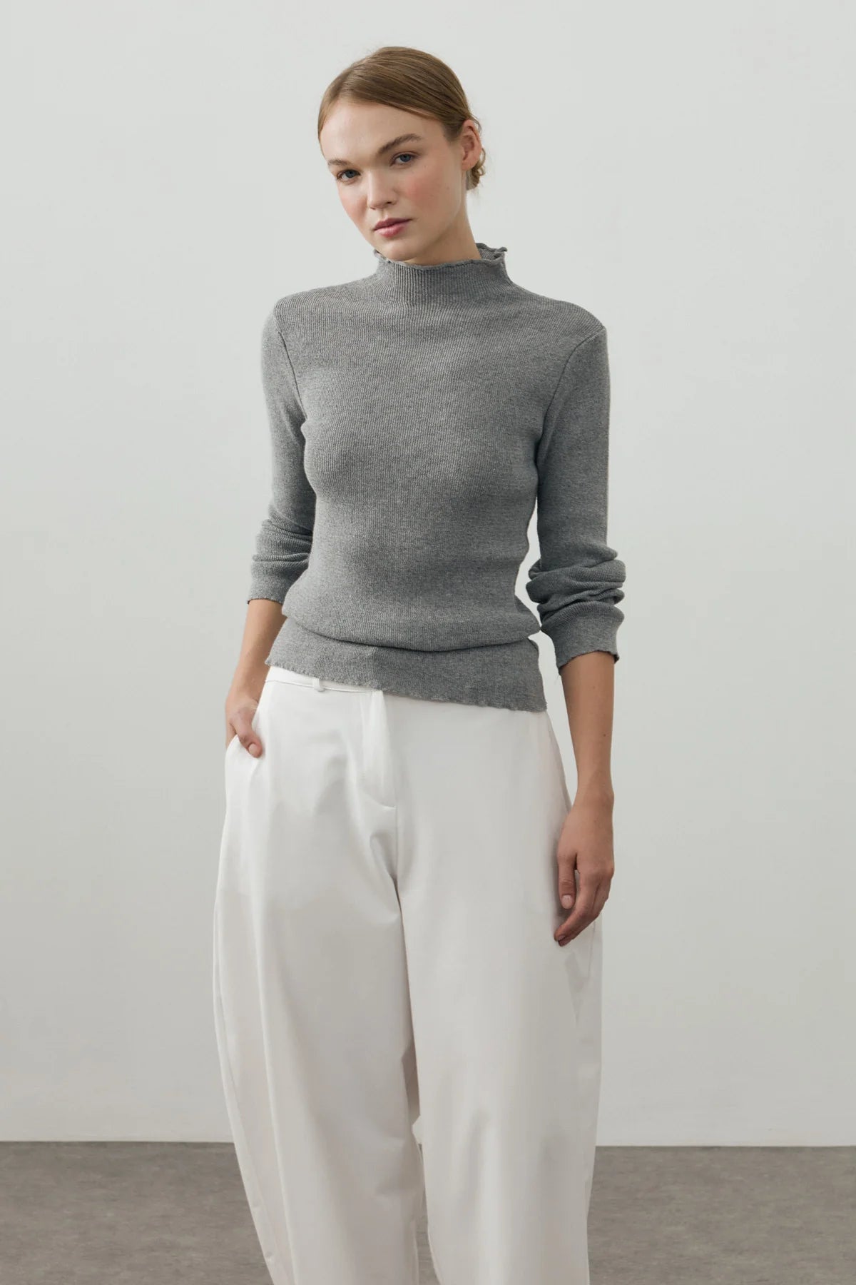 Fine-Ribbed Cotton Knit Bodysuit Gray