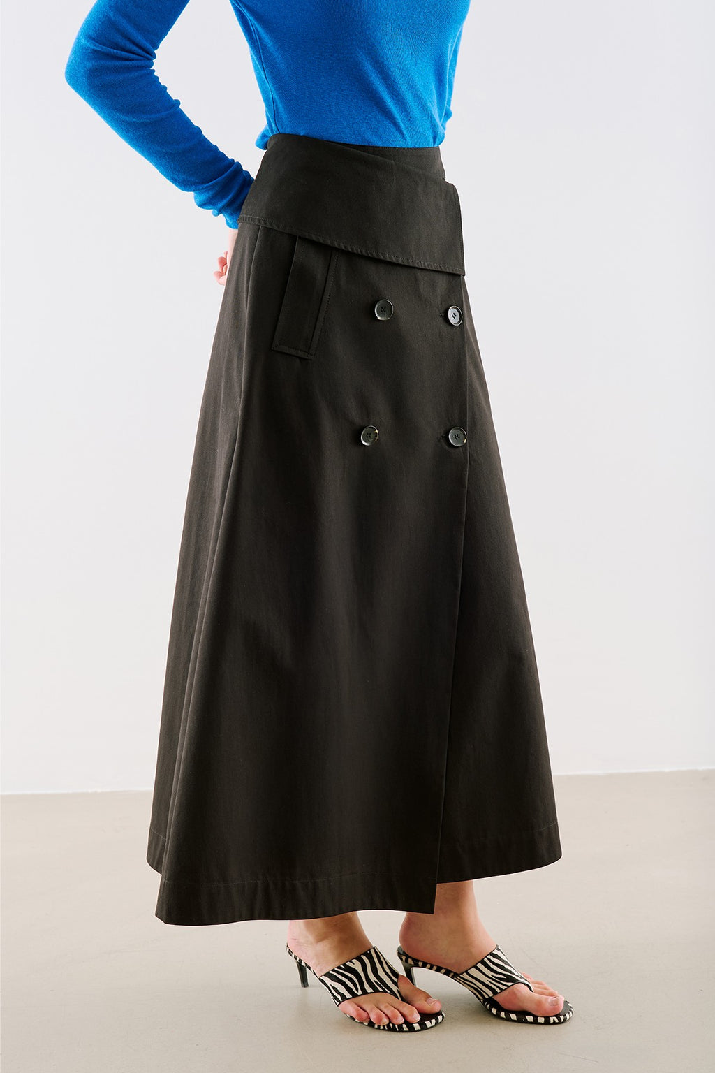 Wrap-Style Button-Detail Skirt Black