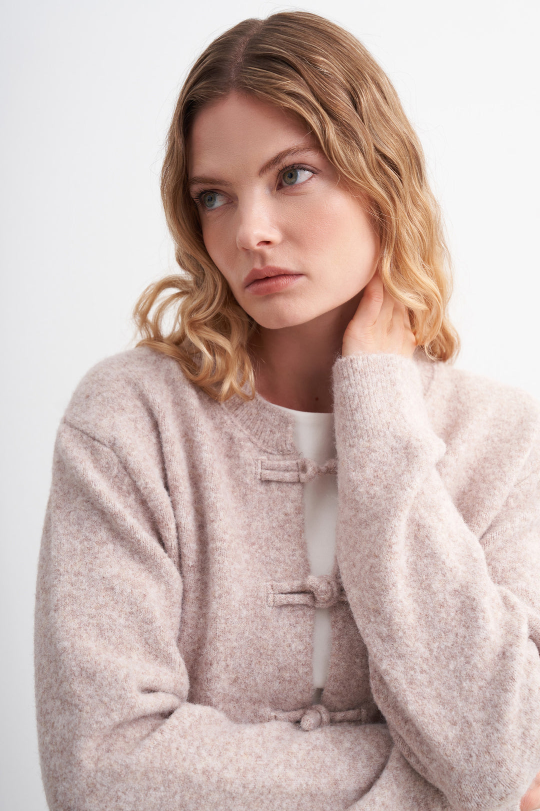 Button-Detail Brushed Cardigan Taupe