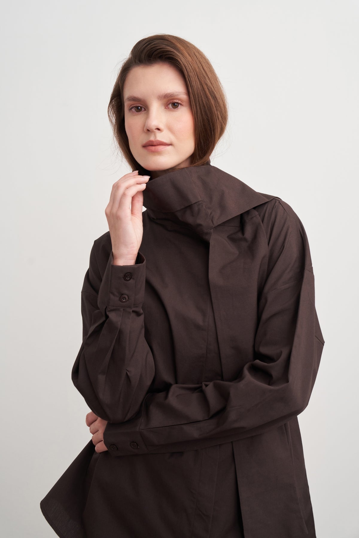 High-Neck Tie-Detail Poplin Shirt Brown