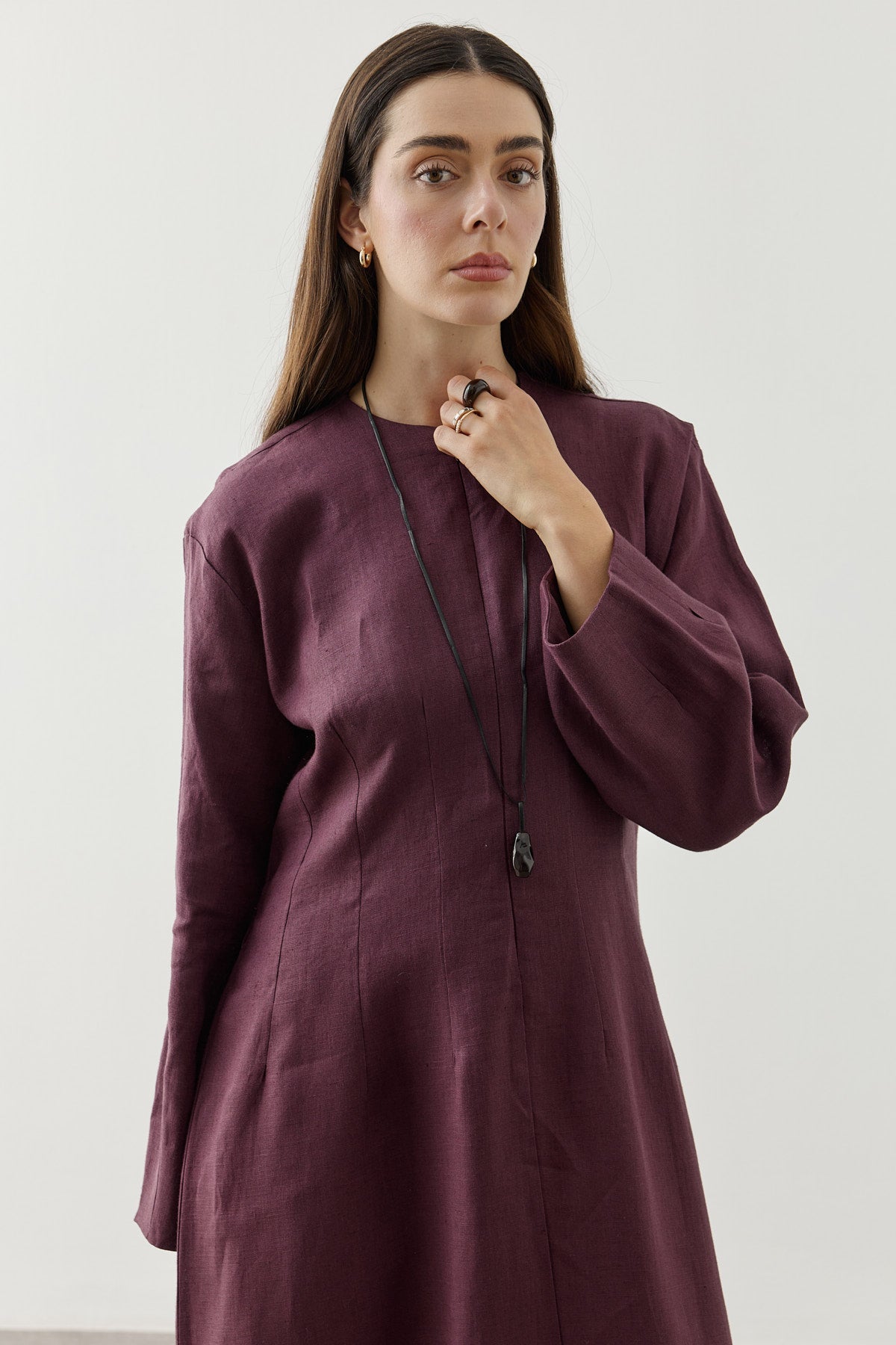 Linen Darted Zip-Up Dress Plum