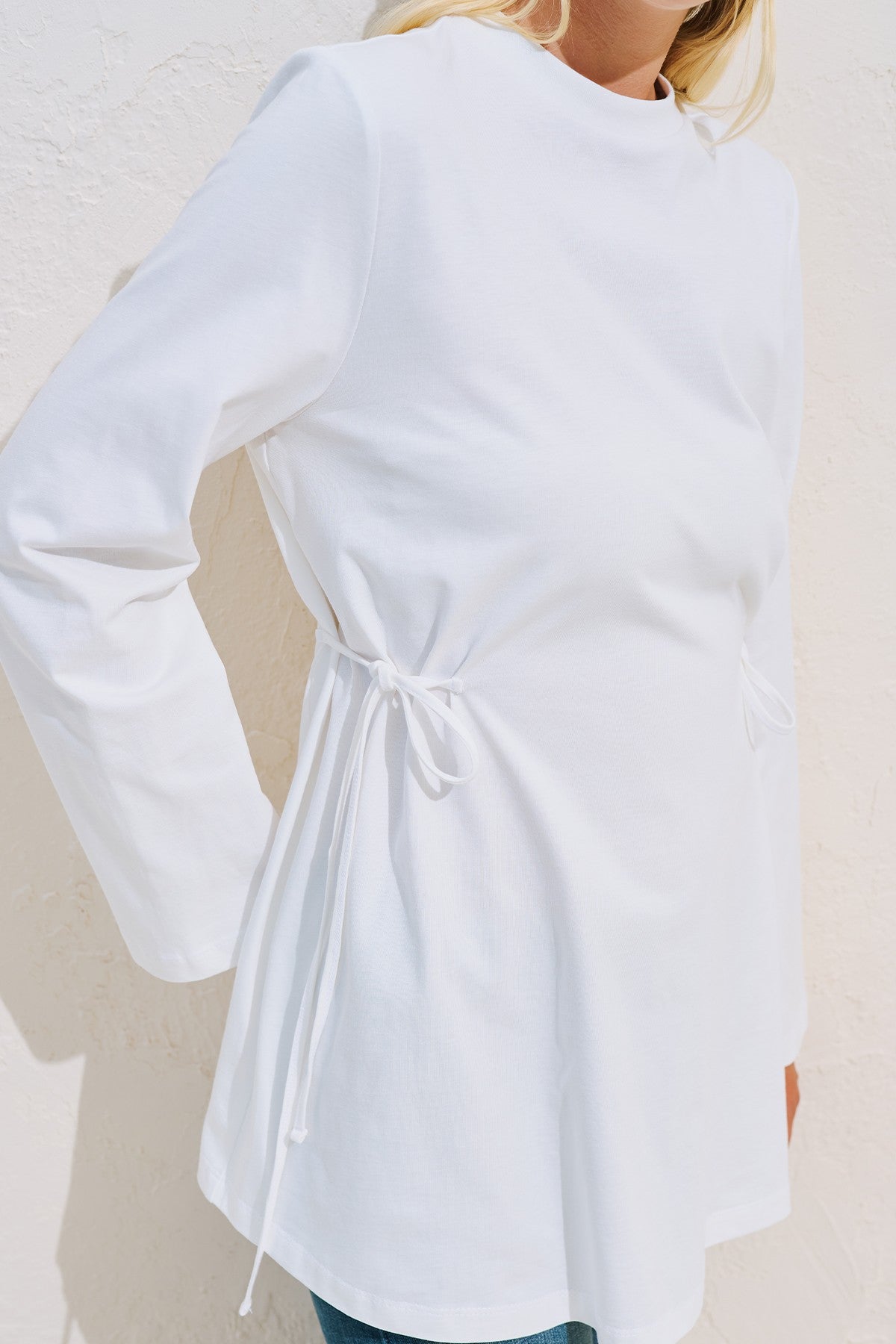 Waist Tie Long Sleeve T-shirt White