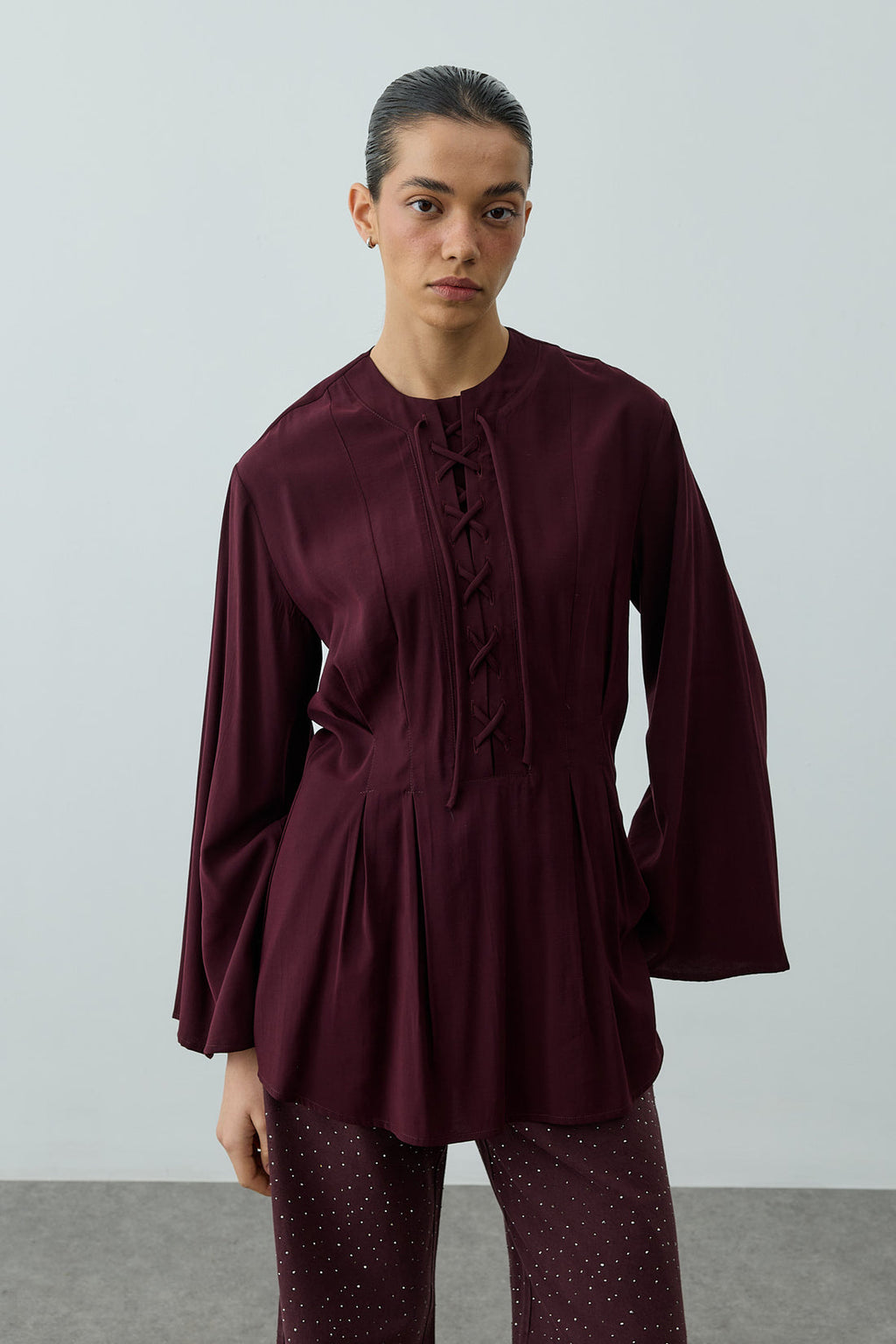Lace-Up Detail Top Plum