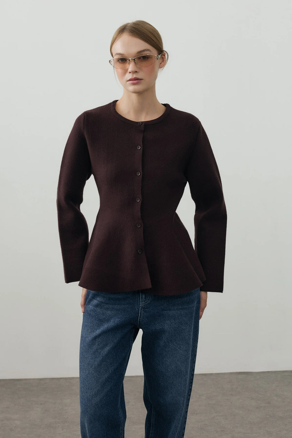 Wavy-Hem Knit Jacket Dark Brown