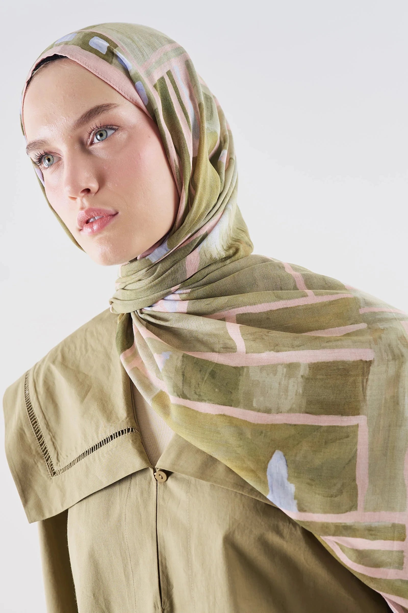 Abstract Blocks Ramie Viscose Shawl Khaki