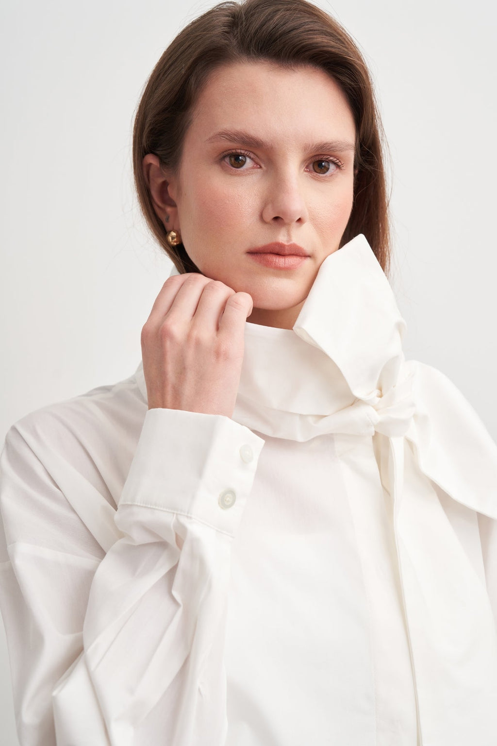 High-Neck Tie-Detail Poplin Shirt White