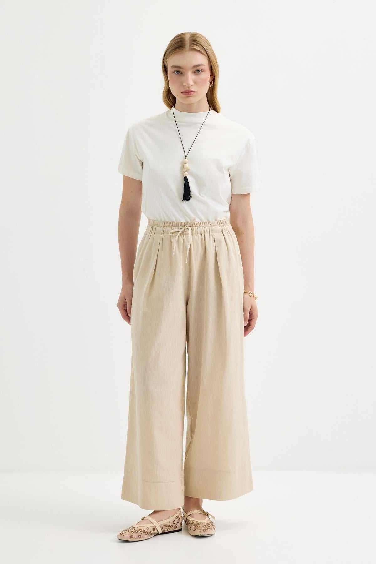 Doren Tie-Waist Linen Pants Light Beige