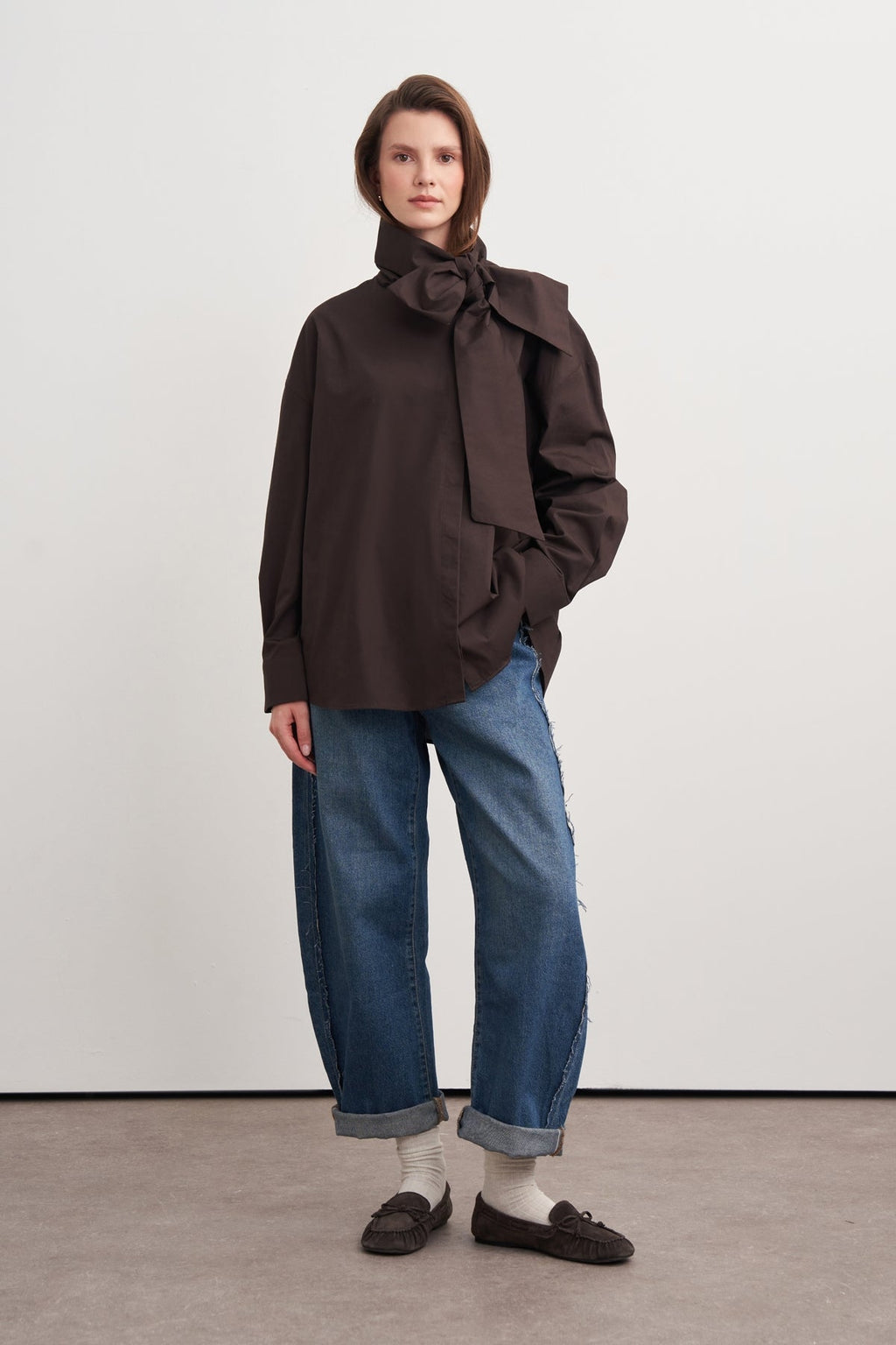 High-Neck Tie-Detail Poplin Shirt Brown