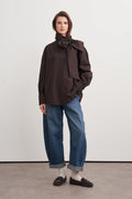 High-Neck Tie-Detail Poplin Shirt Brown