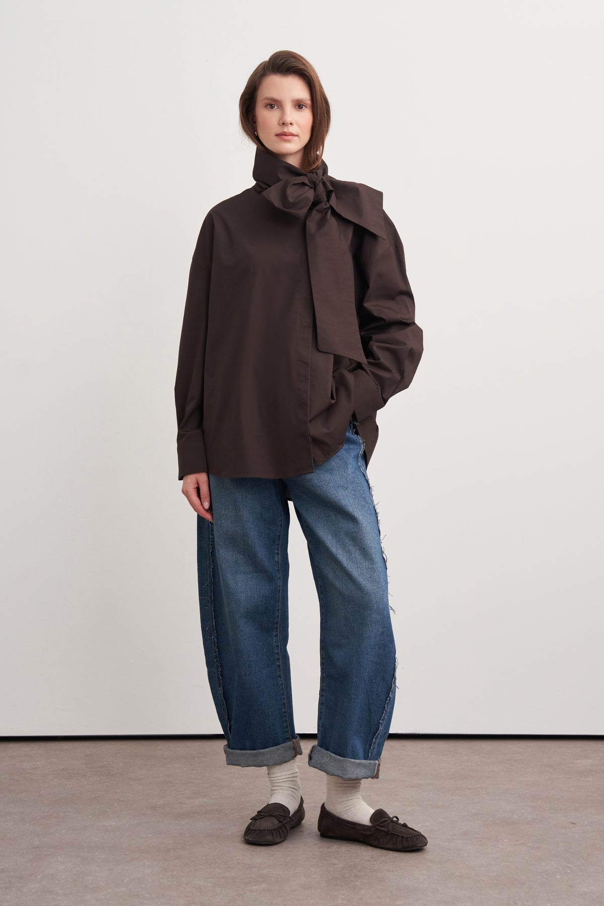 High-Neck Tie-Detail Poplin Shirt Brown