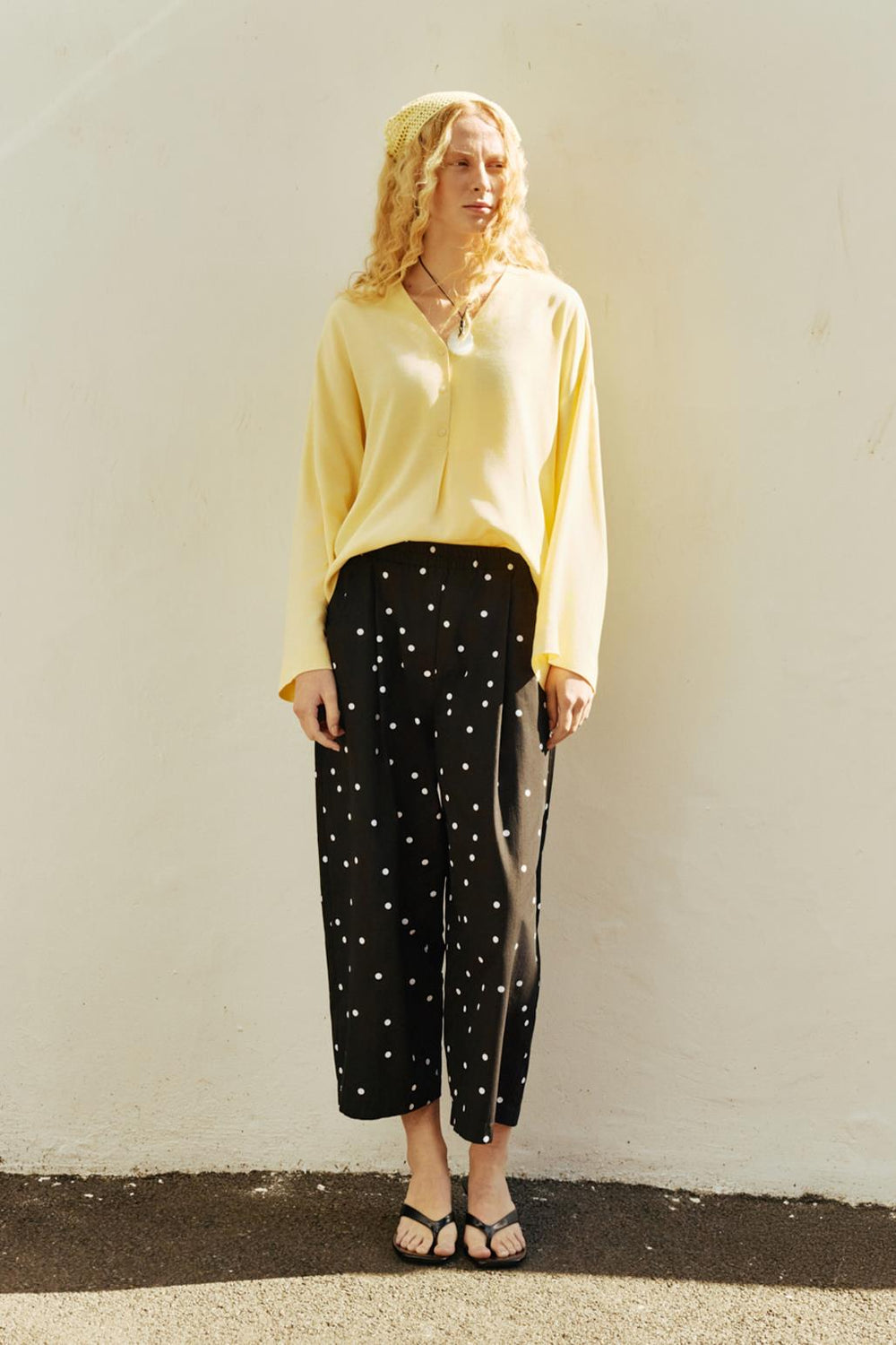 Pleated Polka Dot Patterned Trousers Black