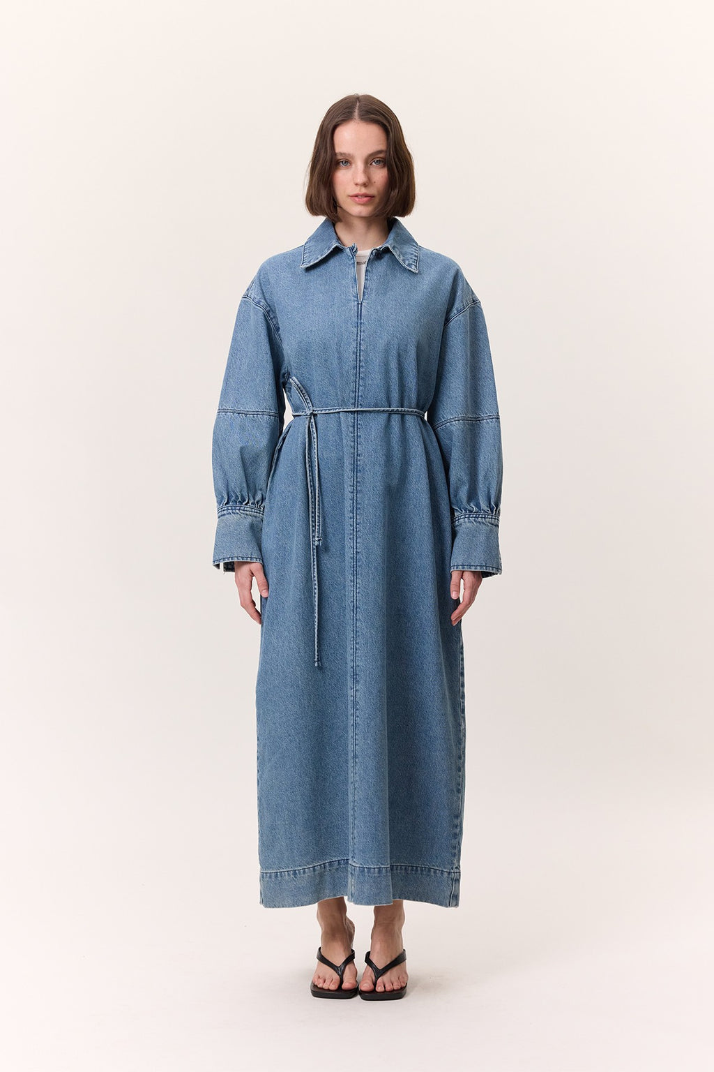 Cuff-Detail Denim Dress Light Blue