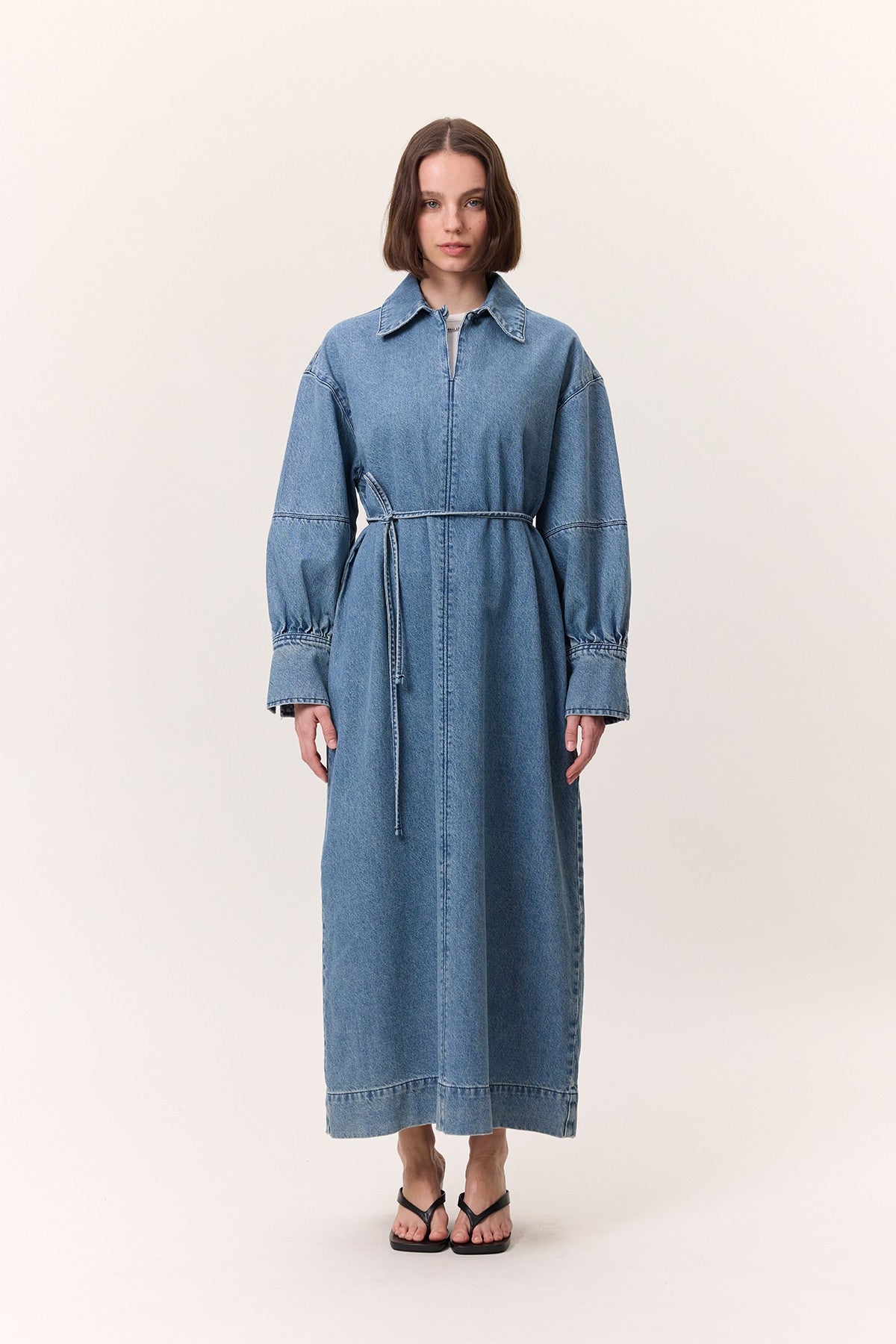 Cuff-Detail Denim Dress Light Blue