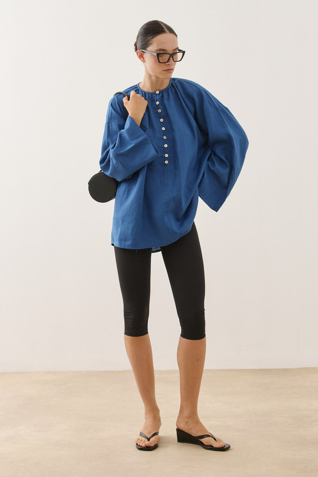 Crew Neck Linen Shirt Cobalt Blue