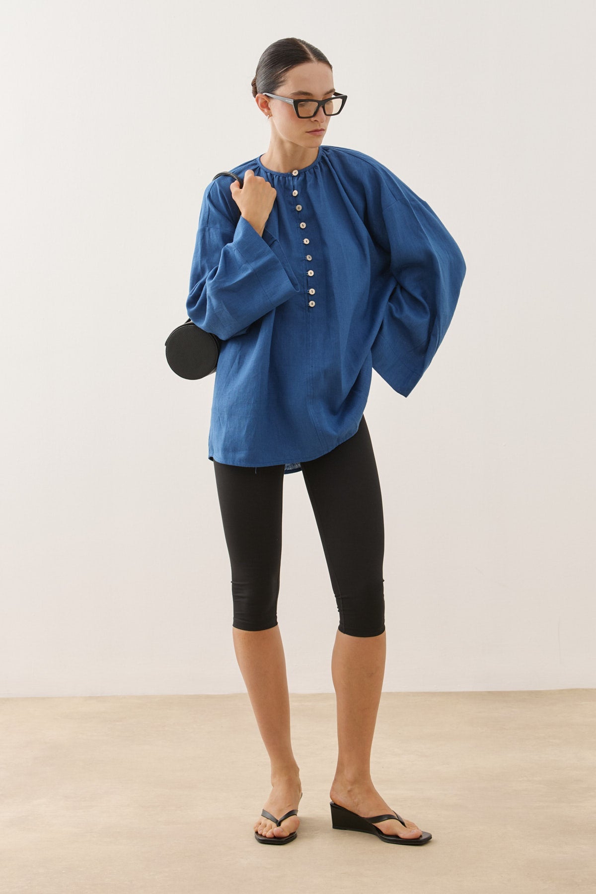 Crew Neck Linen Shirt Cobalt Blue