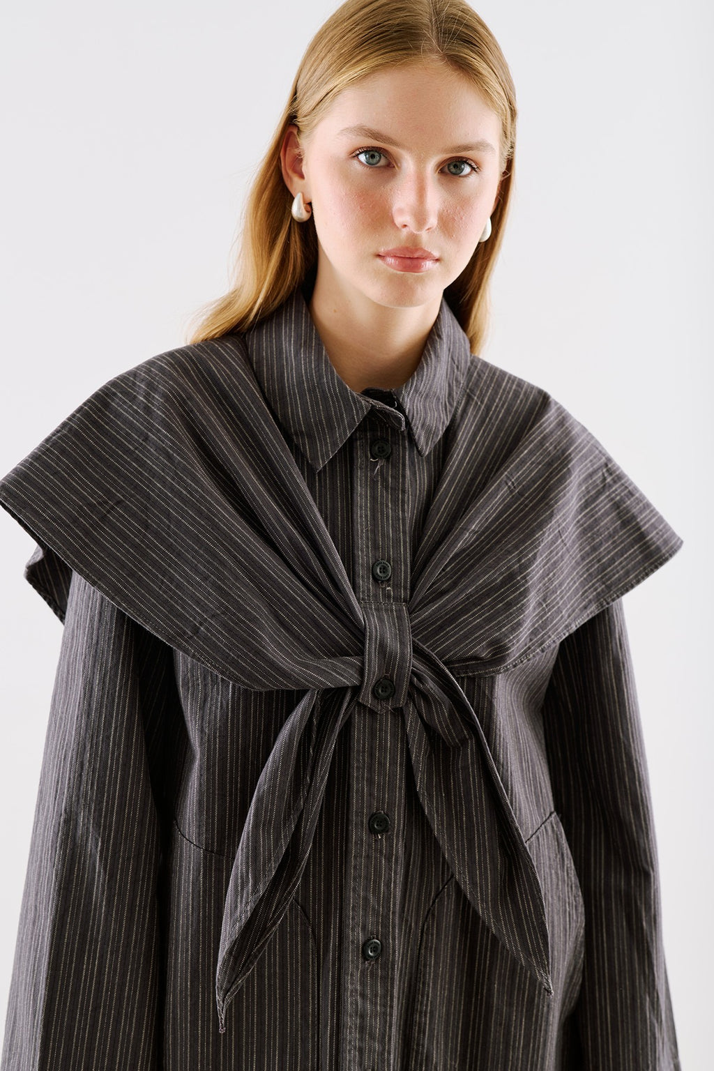 Scarf-Collar Shirt Jacket Black Striped