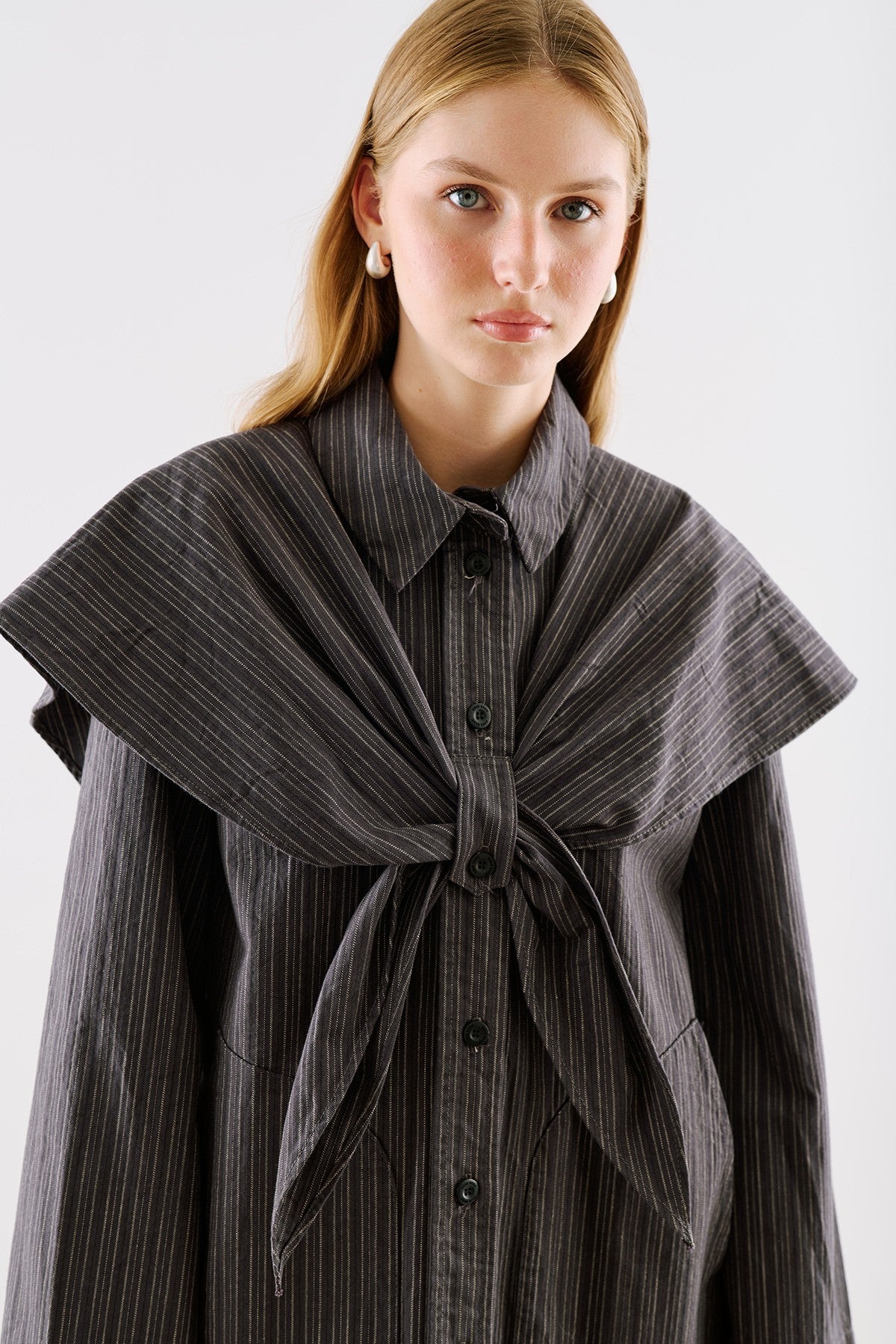 Scarf-Collar Shirt Jacket Black Striped