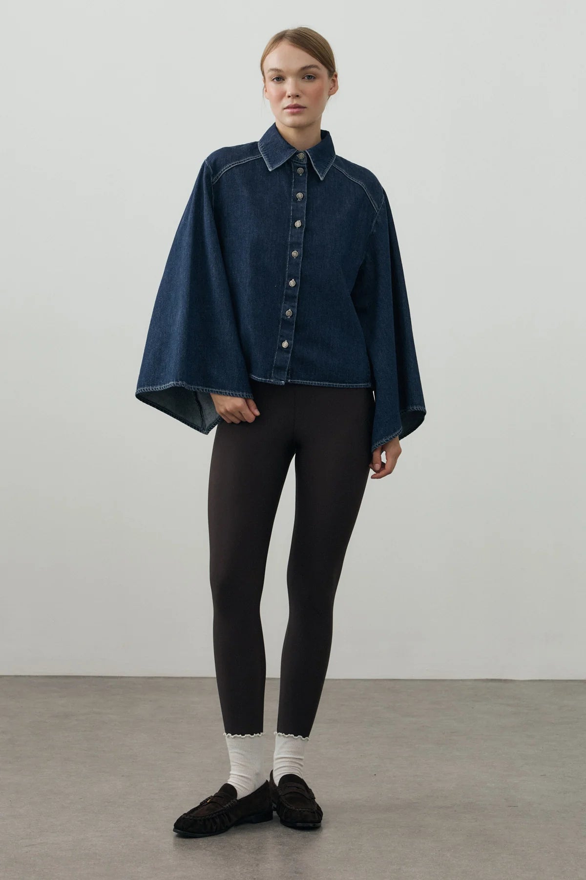 Wide-Sleeve Denim Shirt Dark Blue