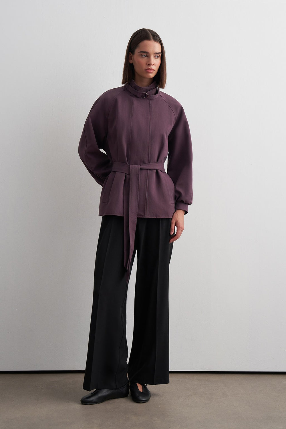 Stand-Collar Mid-Length Trench Coat Plum