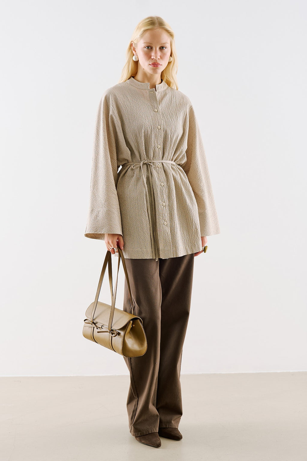 Wide-Sleeve Belted Tunic Beige