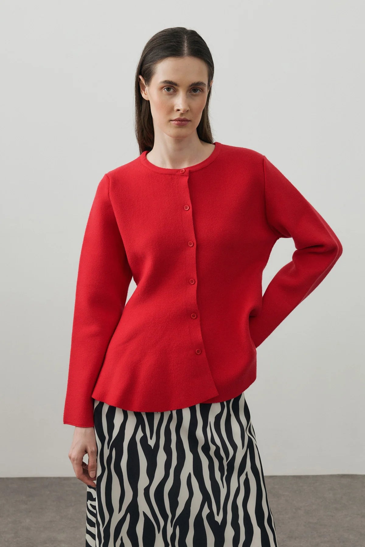 Wavy-Hem Knit Jacket Red