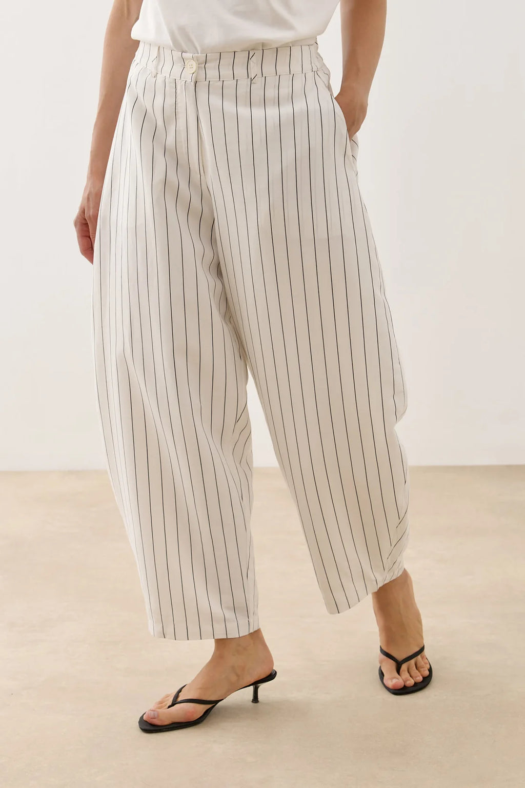 Striped Modal Barrel-Leg Pants White