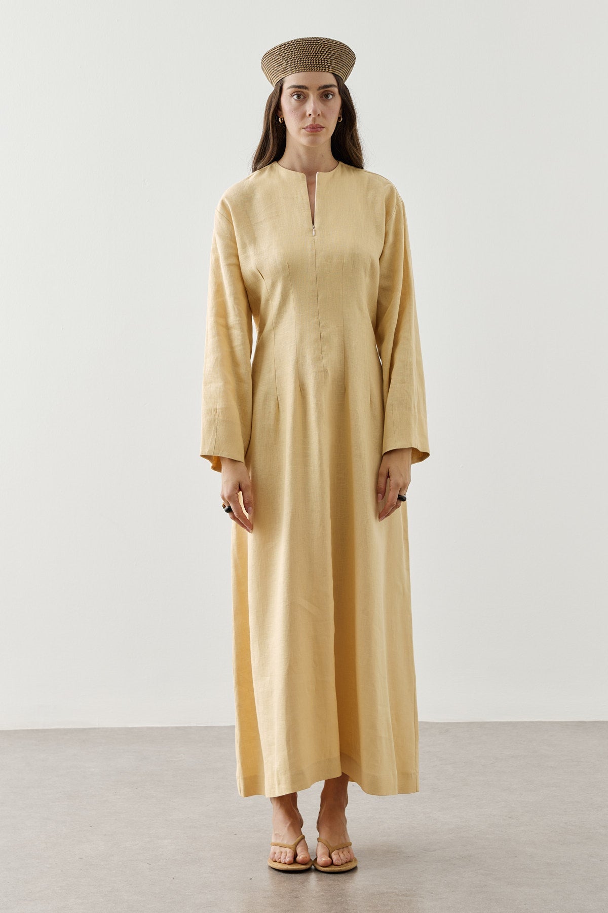 Linen Darted Zip-Up Dress Yellow