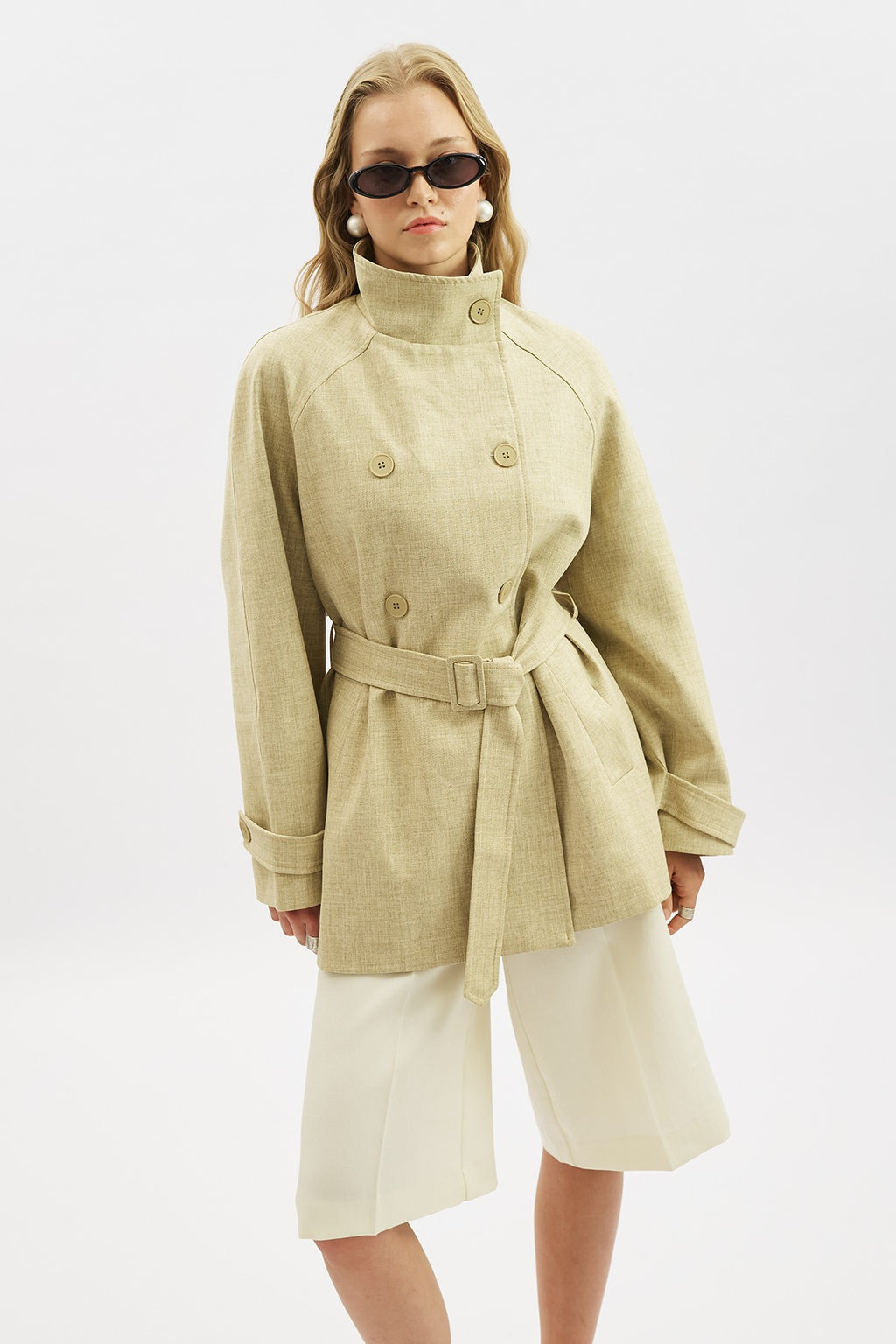 High-Neck Belted Trench Coat Milky Coffee