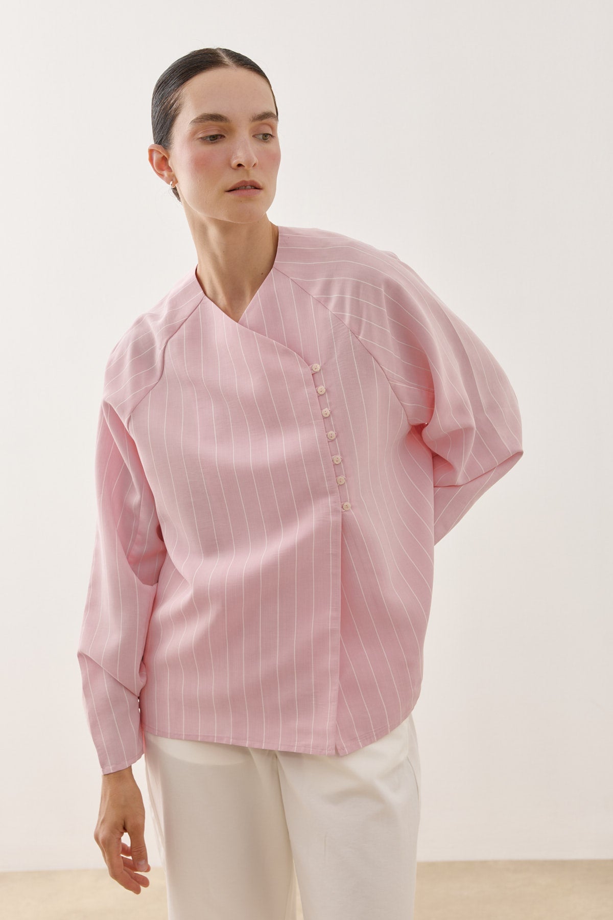 Striped Modal Kimono Shirt Pink