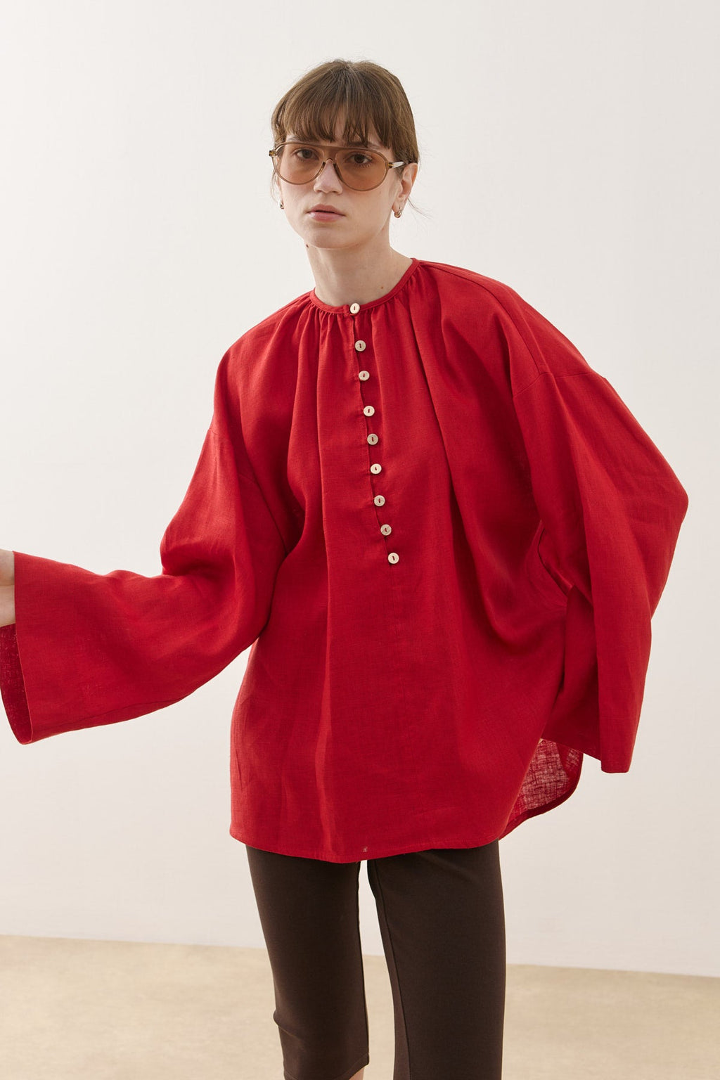 Crew Neck Linen Shirt Red