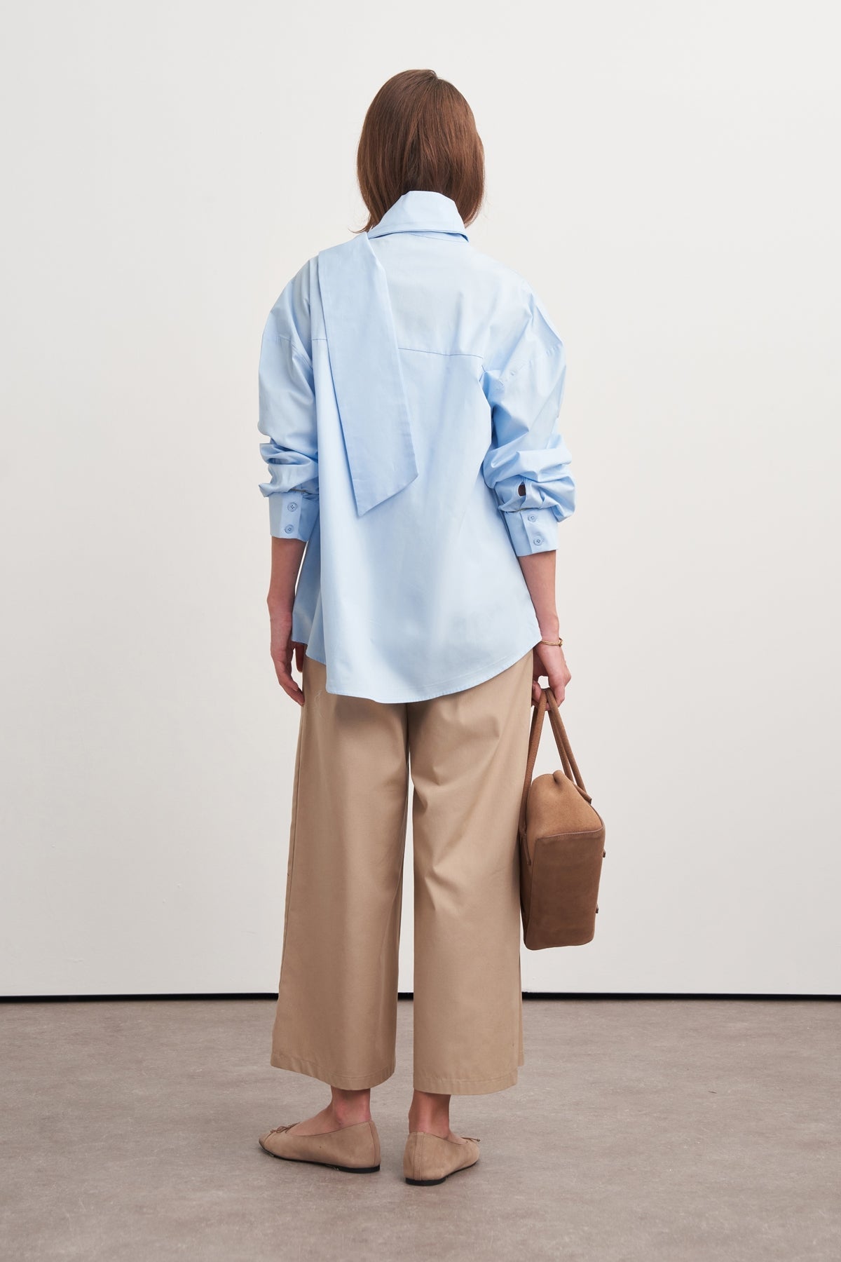 High-Neck Tie-Detail Poplin Shirt Light Blue