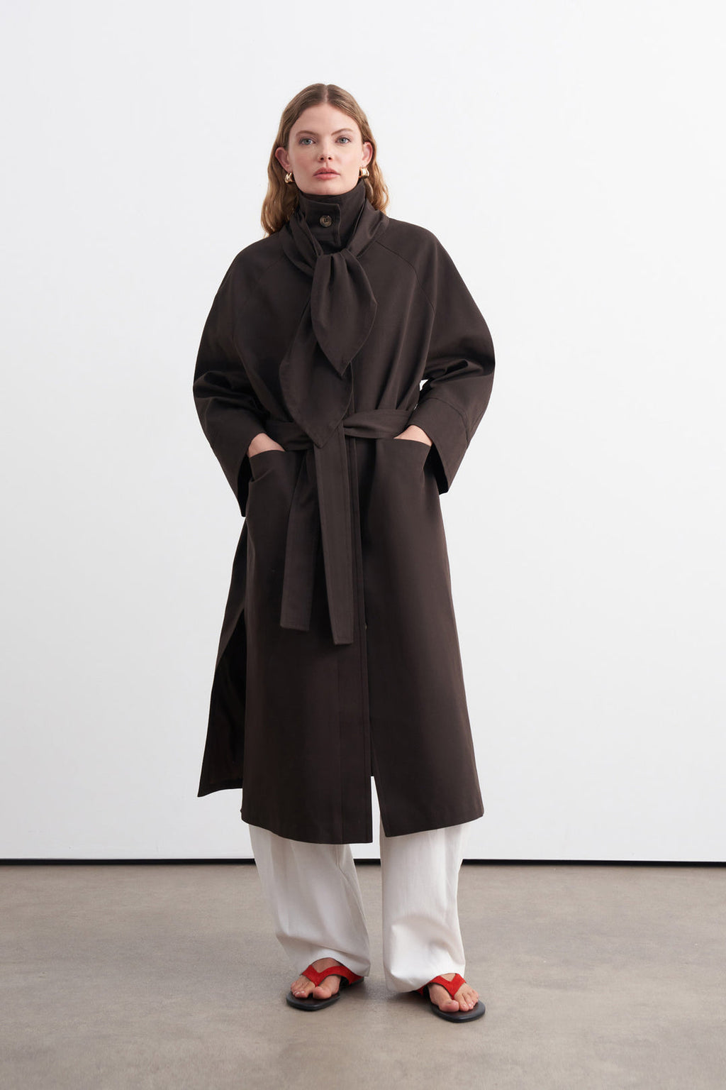 Premium Shawl-Detail Trench Coat Dark Brown