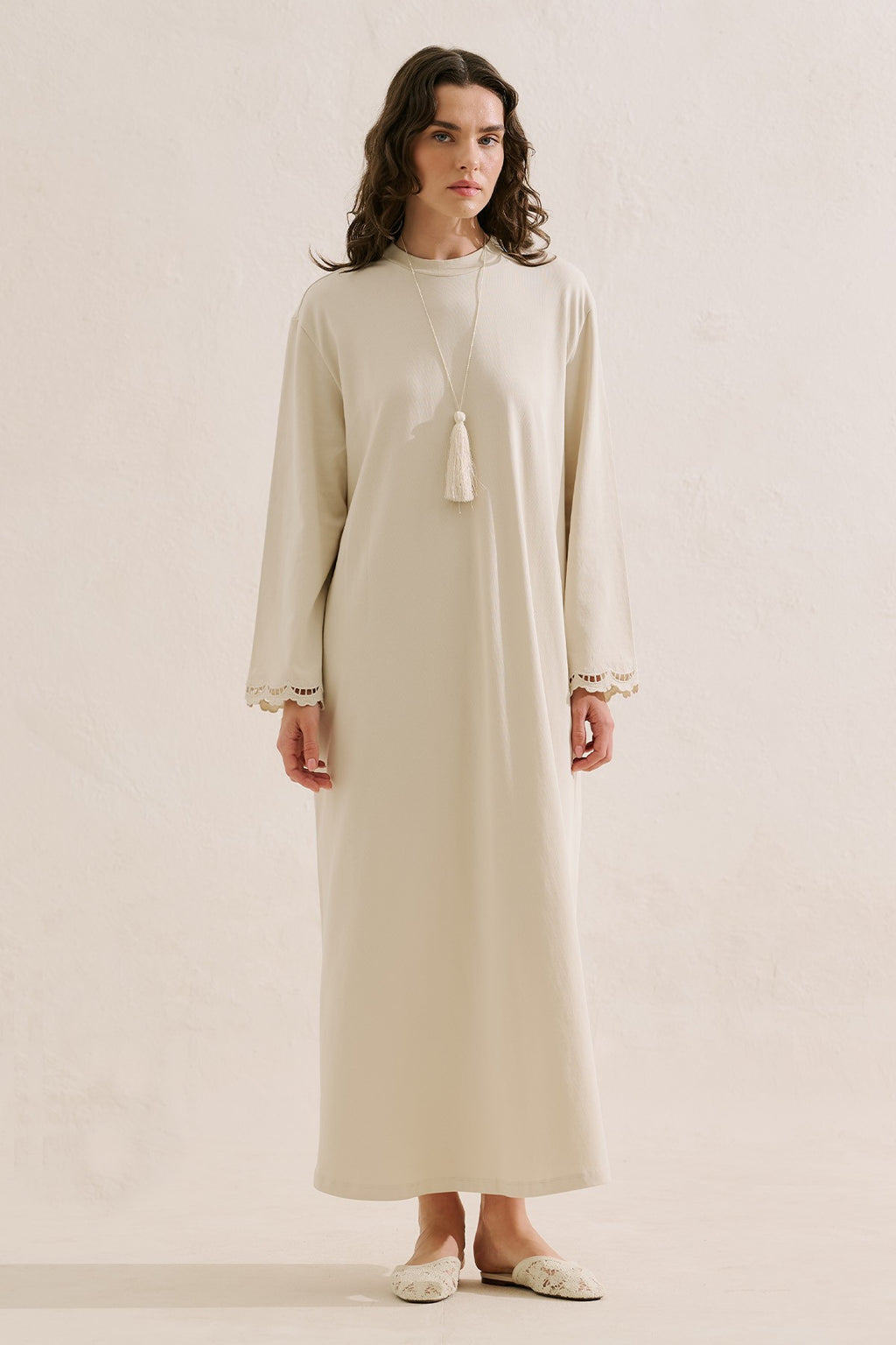 Embroidered Relaxed Dress Beige
