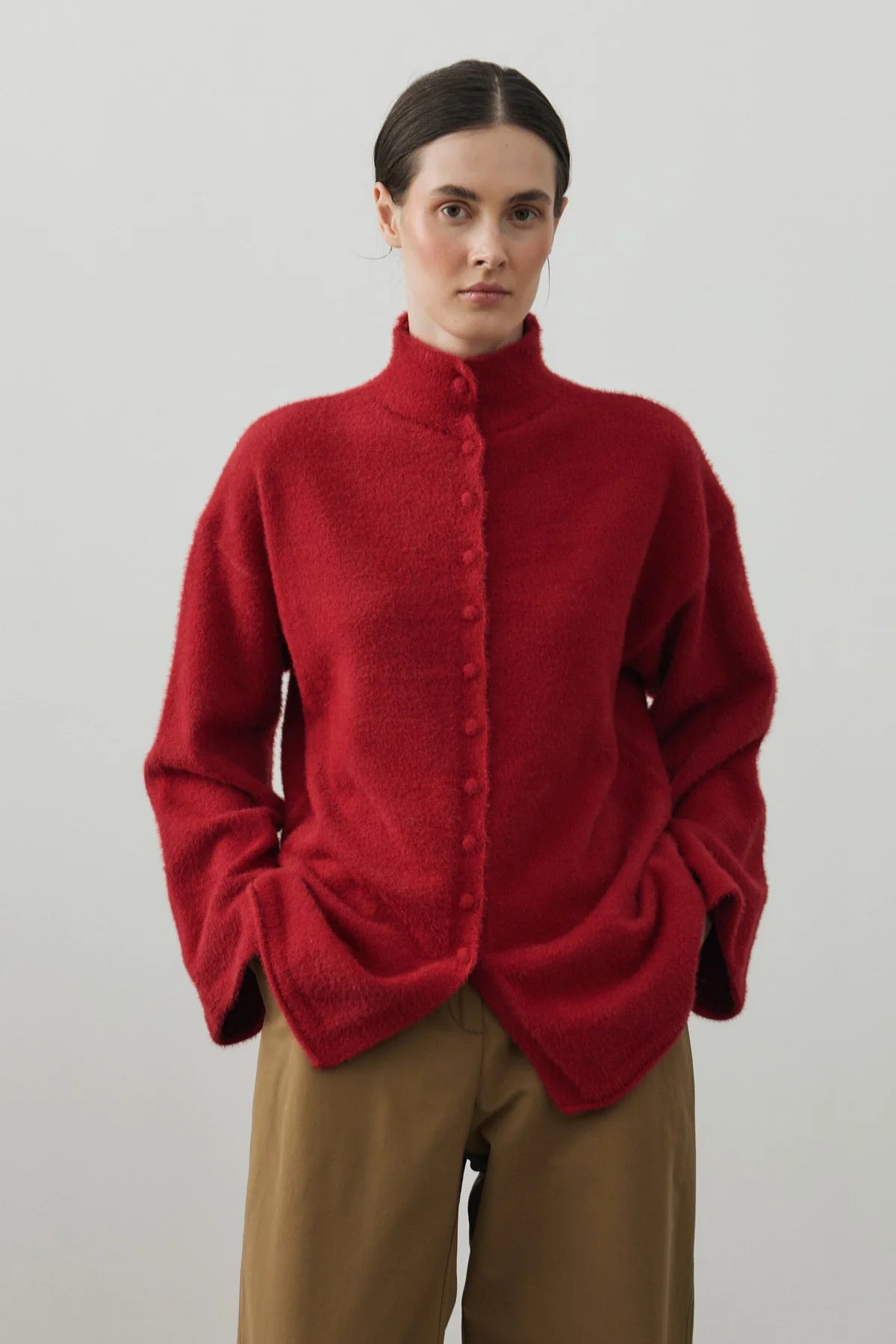Multi-Button Soft Cardigan Red