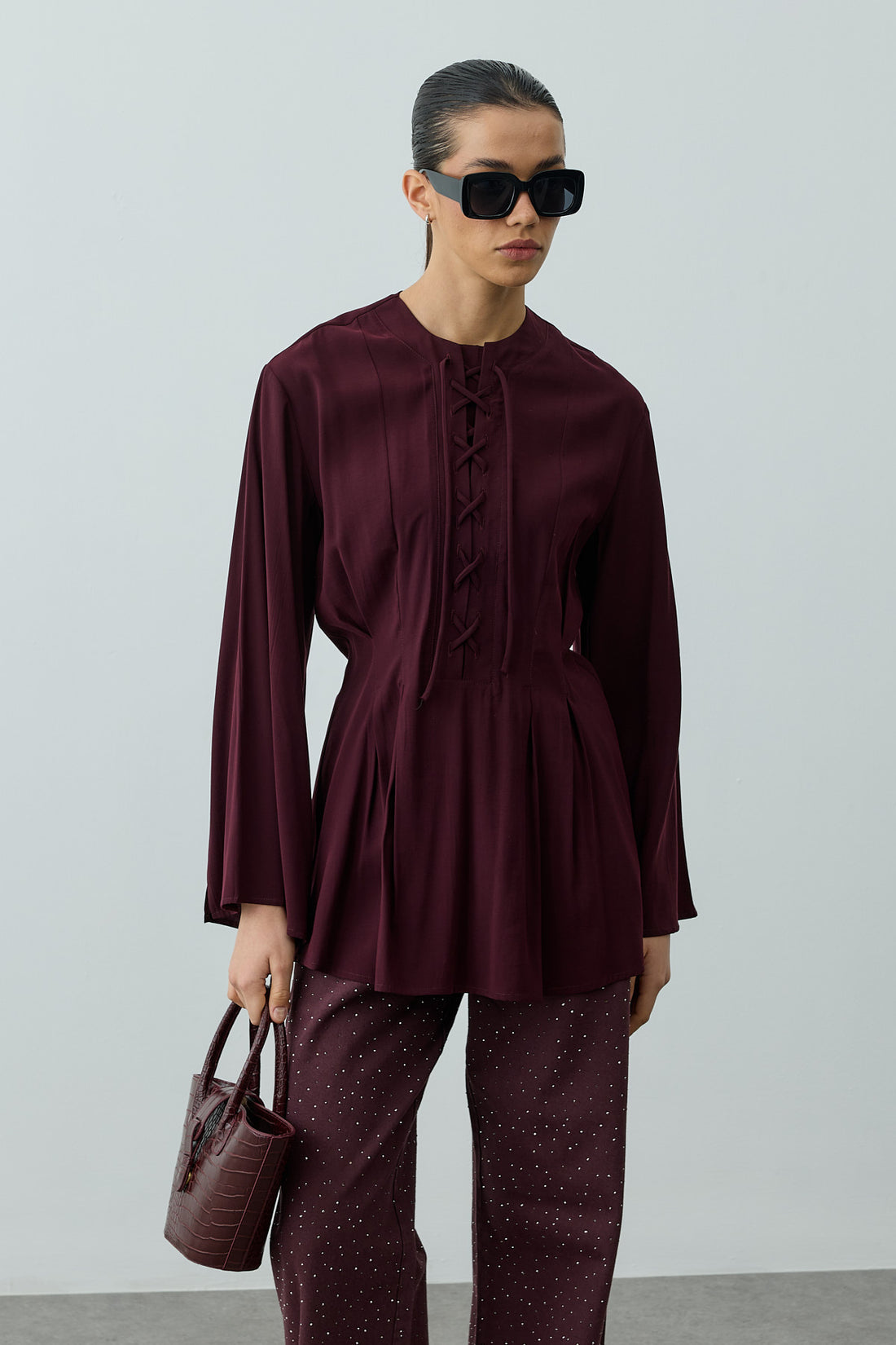 Lace-Up Detail Top Plum