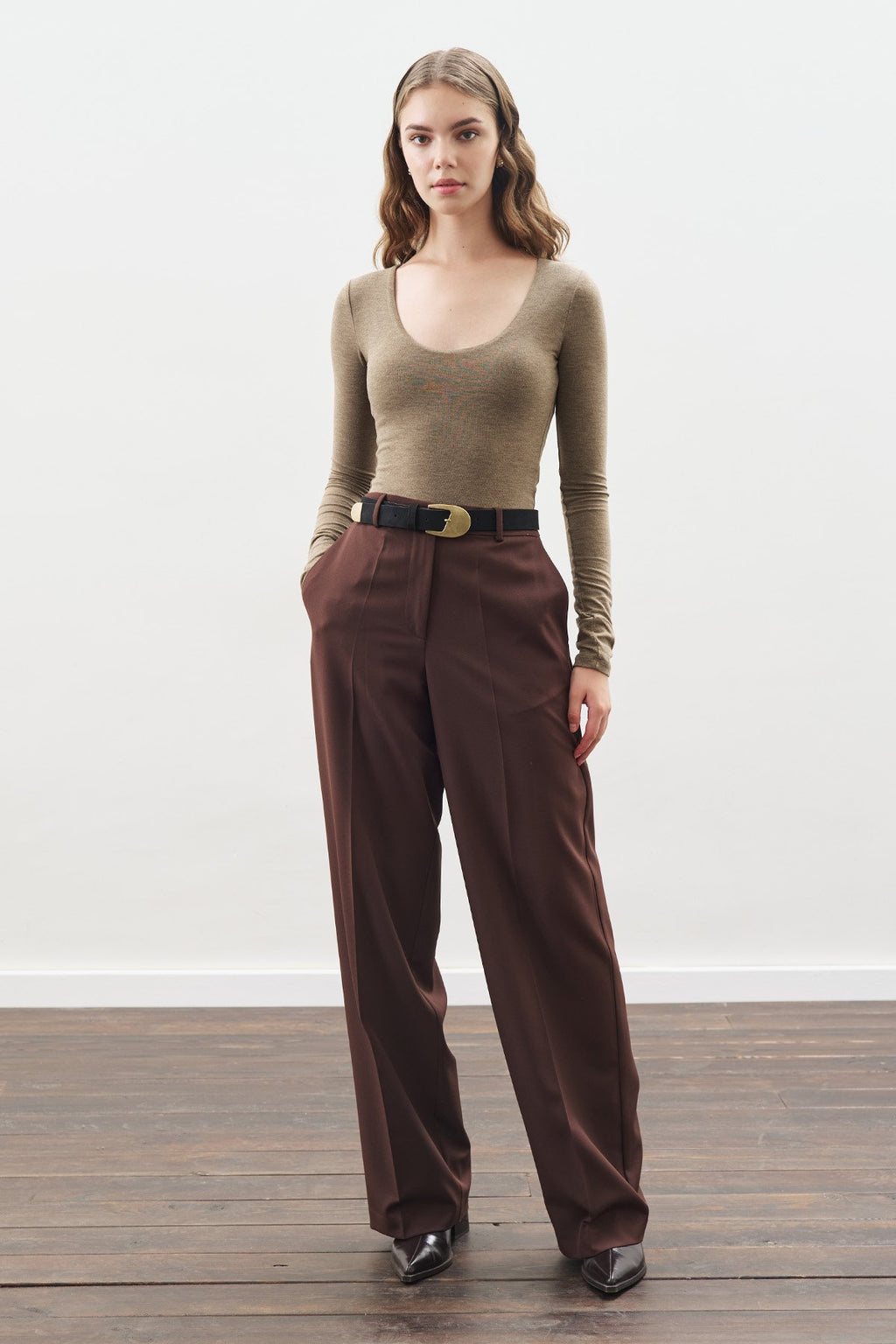 Long-Length Straight-Leg Pants Brown