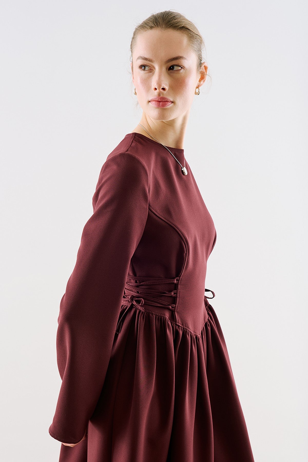 Waist-Fitted Tie-Detail Dress Burgundy