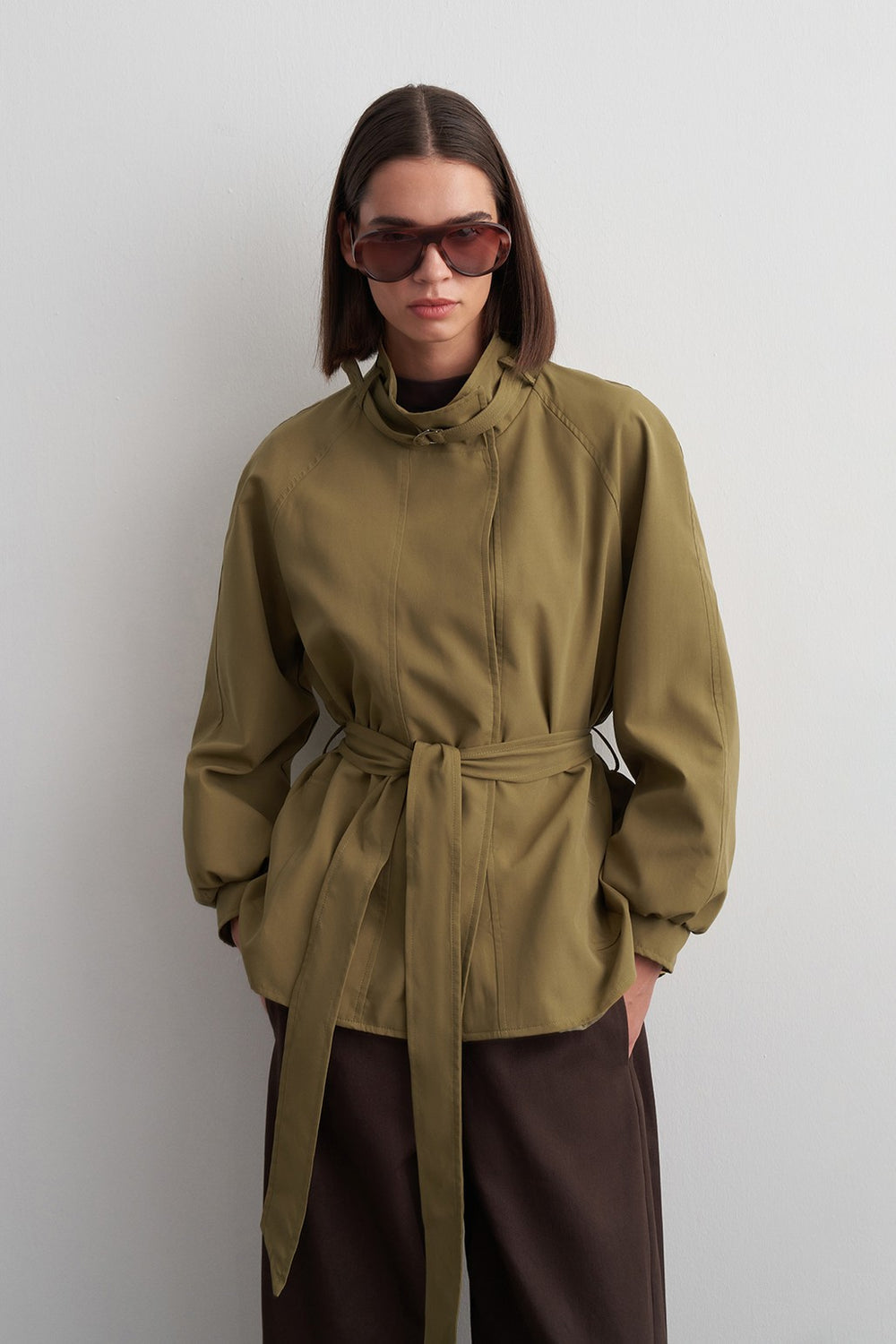 Stand-Collar Mid-Length Trench Coat