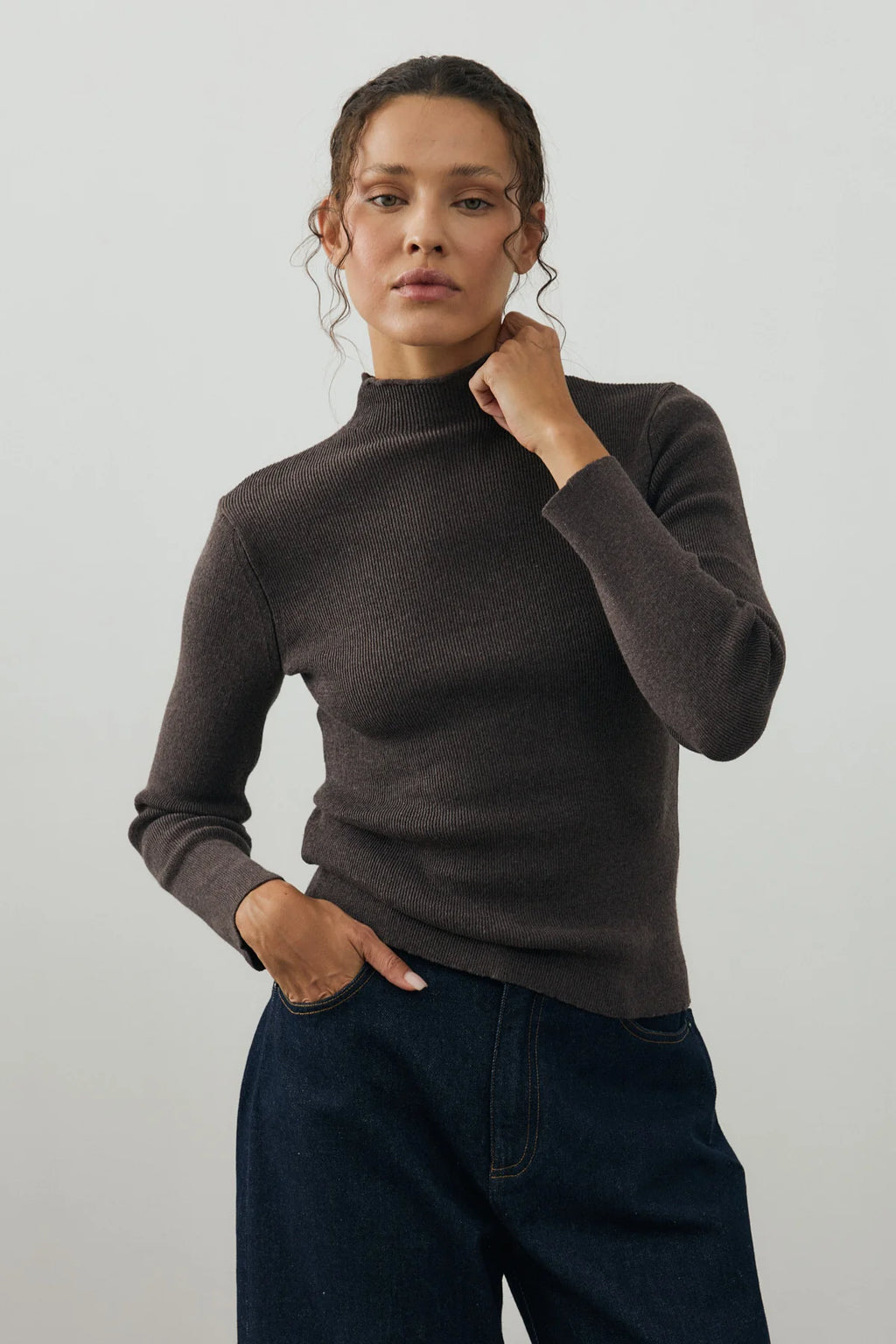 Fine-Ribbed Cotton Knit Bodysuit Brown