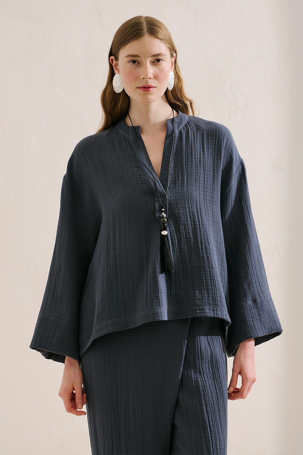 Muslin Wide-Sleeve Blouse Indigo